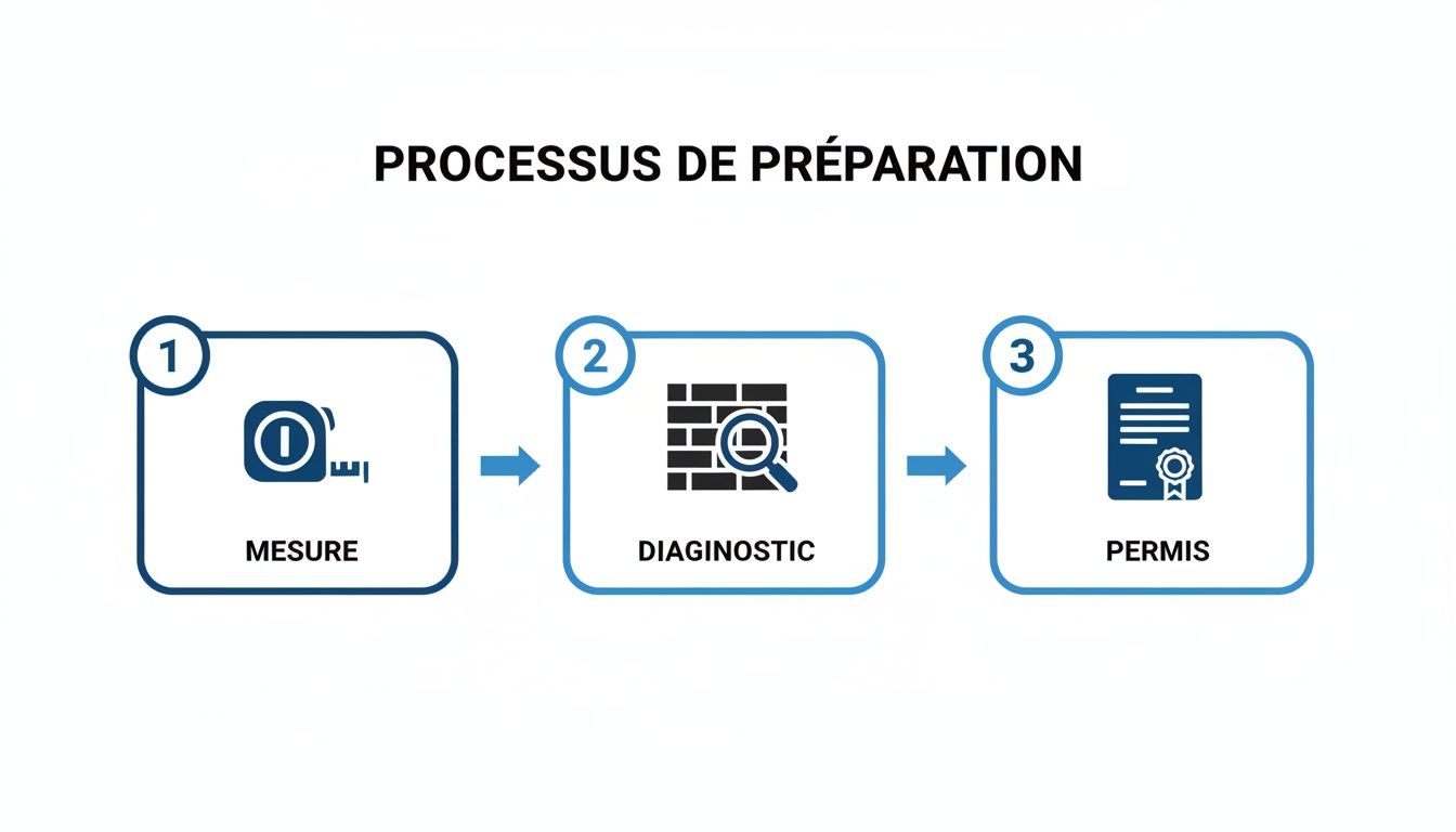 Illustration d'un processus de préparation en trois étapes : mesure, diagnostic et permis.