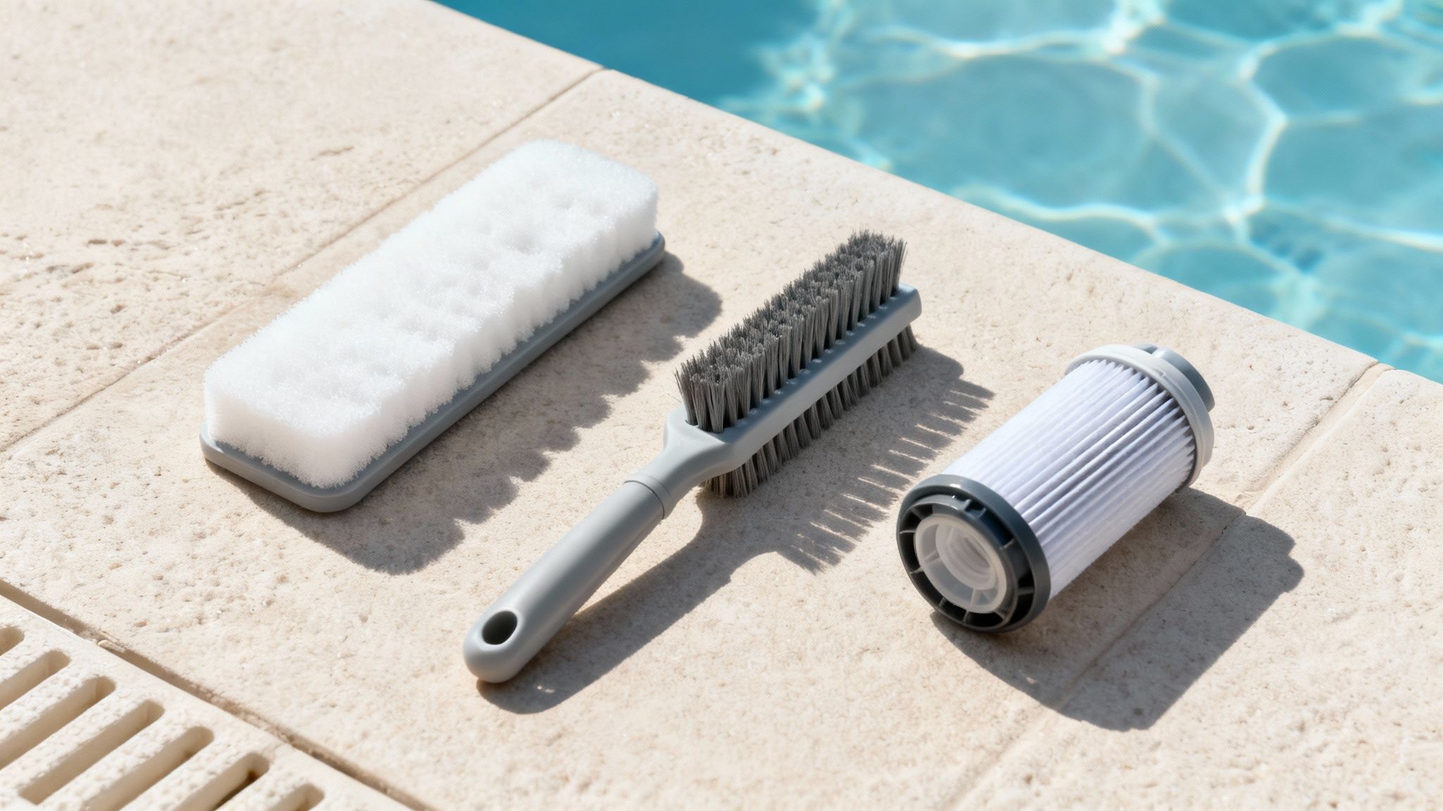 wireless robot for swimming pool pool cleaning - Le guide ultime du robot sans fil pour piscine pour un nettoyage parfait Outils d'entretien de piscine, incluant deux brosses et un filtre, posés au bord de la piscine.