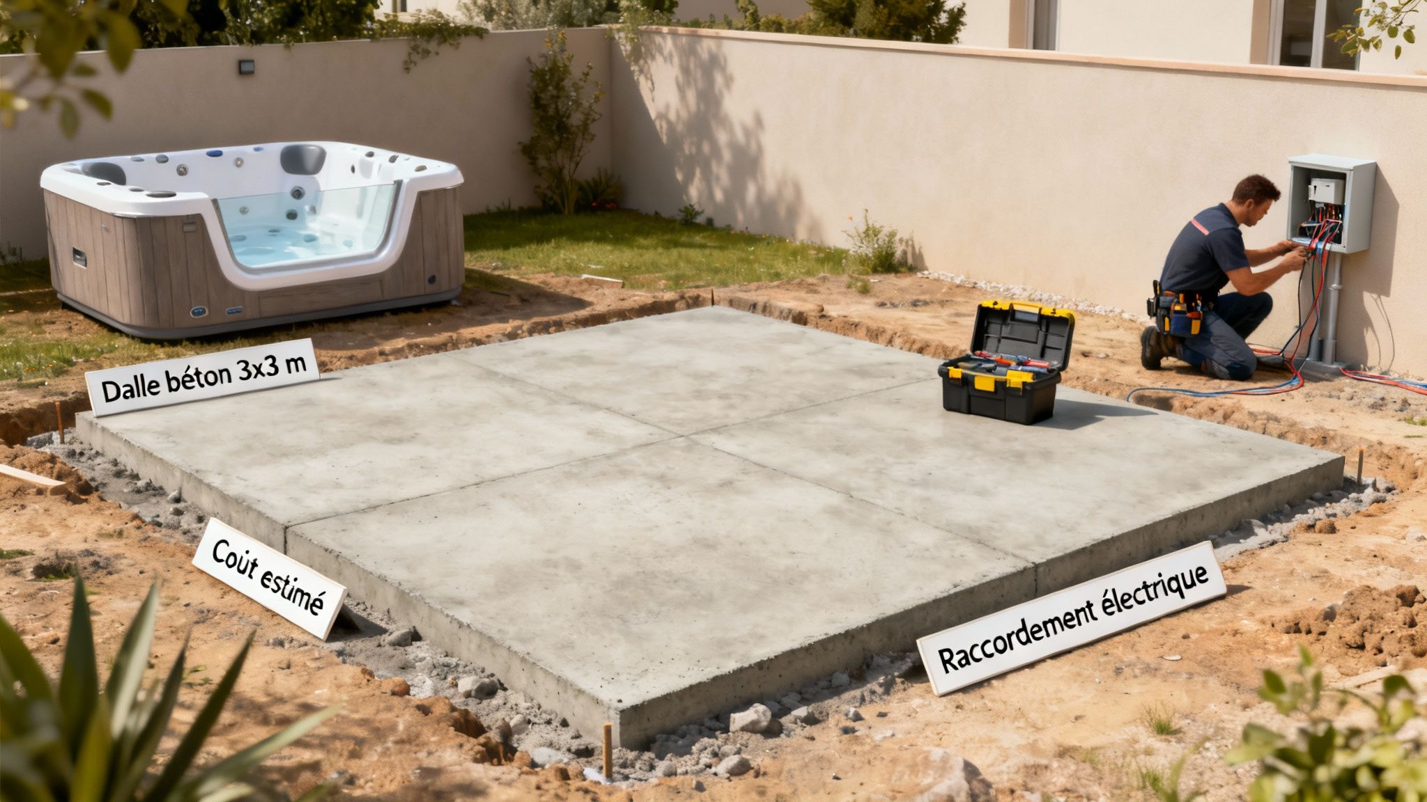 outdoor jacuzzi price jacuzzi installation - Prix jacuzzi extérieur: Guide des tarifs en Belgique et Luxembourg Installation d'un jacuzzi extérieur avec dalle béton 3x3m et raccordement électrique par un électricien.