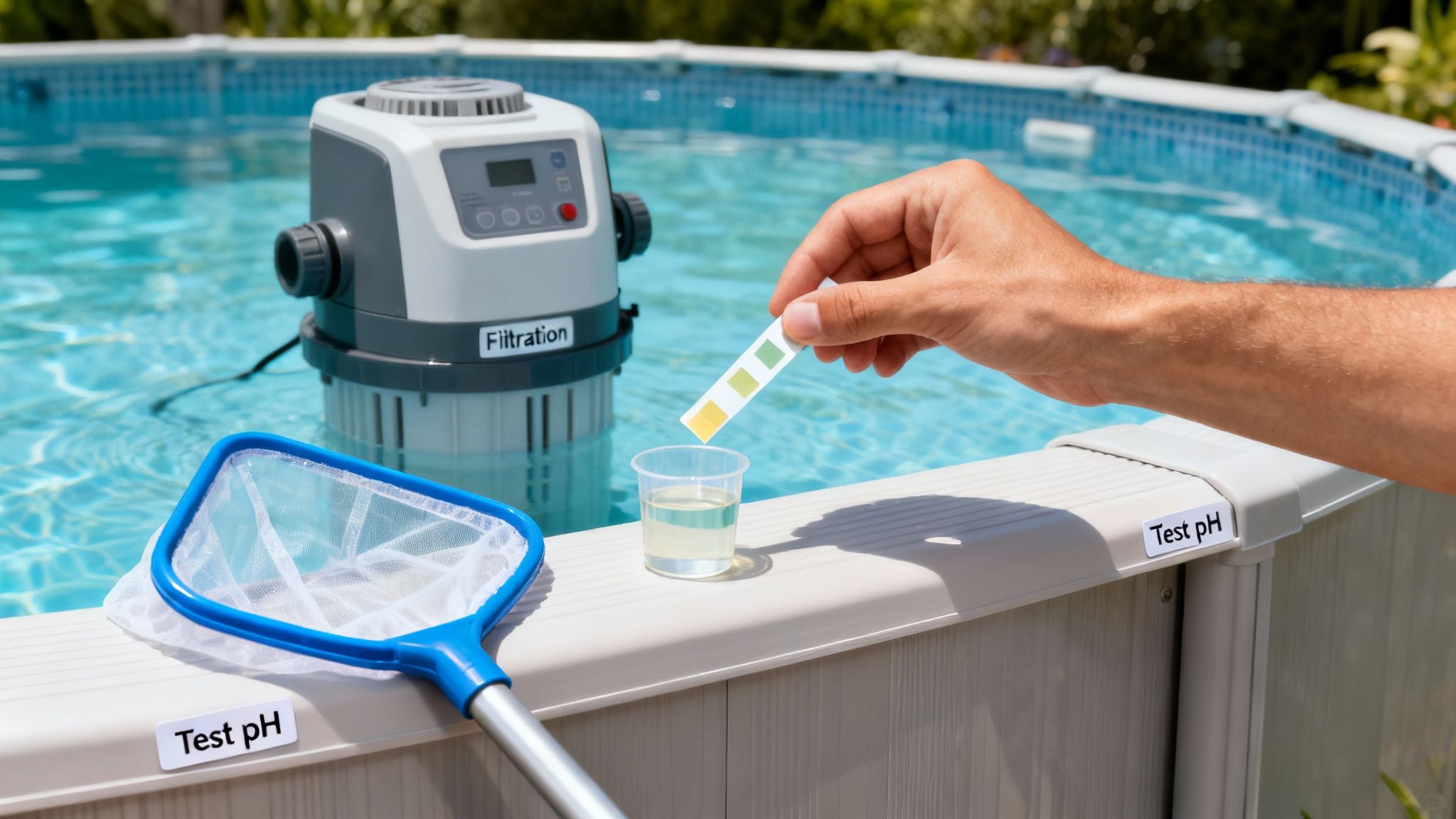 above ground pool pool testing - Le guide complet de la piscine hors sol et des alternatives bien-être pour votre jardin Une main teste l'eau d'une piscine hors sol avec une bandelette de pH, près d'un filtre et d'une épuisette.