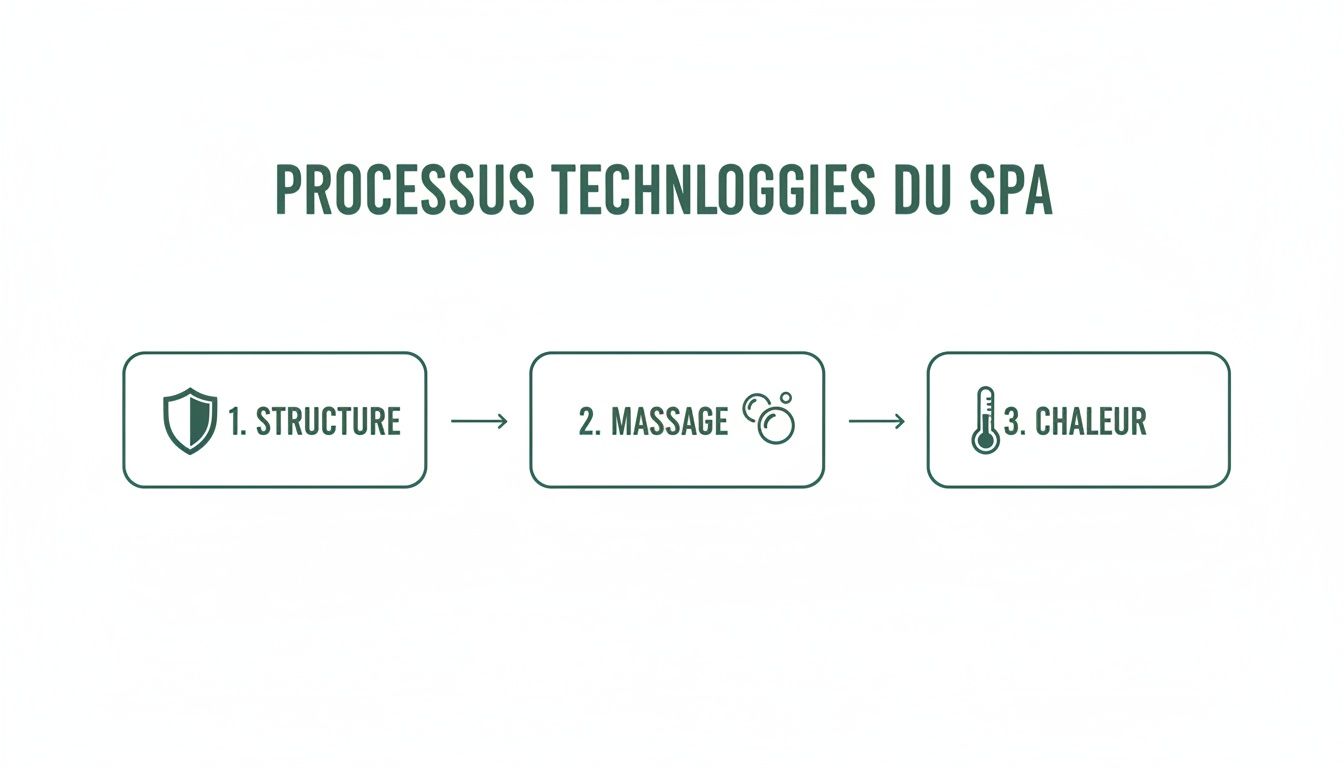 spa lay z bestway spa process - Spa lay z bestway: guide complet pour votre oasis de détente à domicile Diagramme illustrant les processus technologiques d'un spa: structure, massage et chaleur avec des icônes.