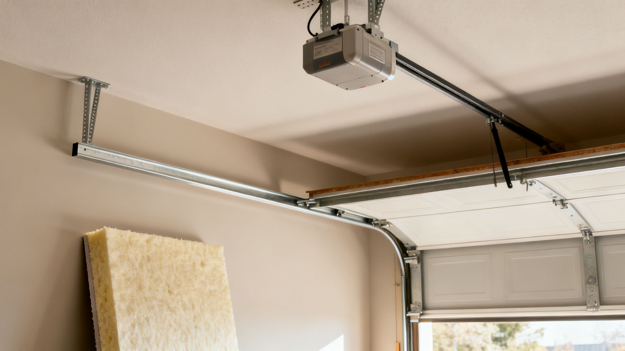 Intérieur de garage avec ouvre-porte automatique, rails de porte et panneau d'isolation posé contre le mur.