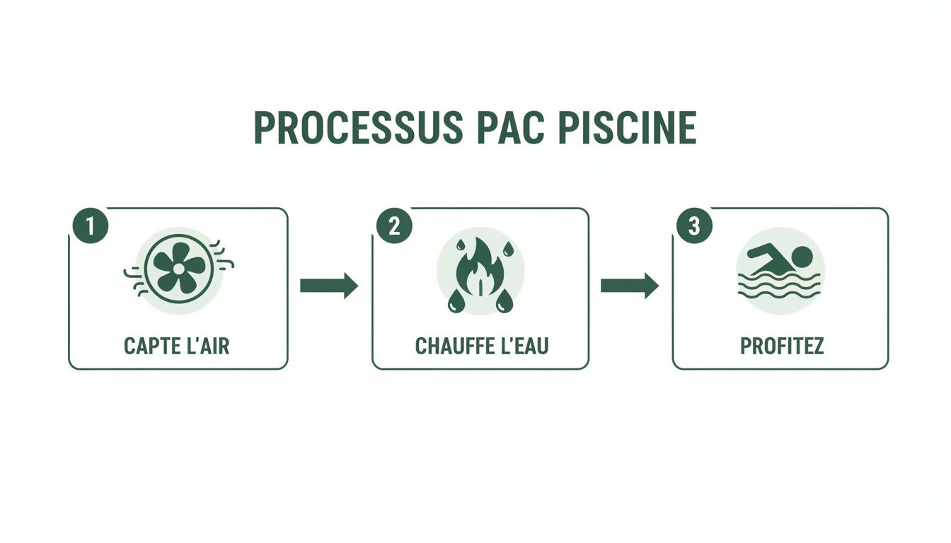 pool heat pump process - Le guide complet de la pompe à chaleur pour piscine, spa et bain nordique Processus simple d'une pompe à chaleur de piscine: capte l'air, chauffe l'eau et permet de profiter de la baignade.