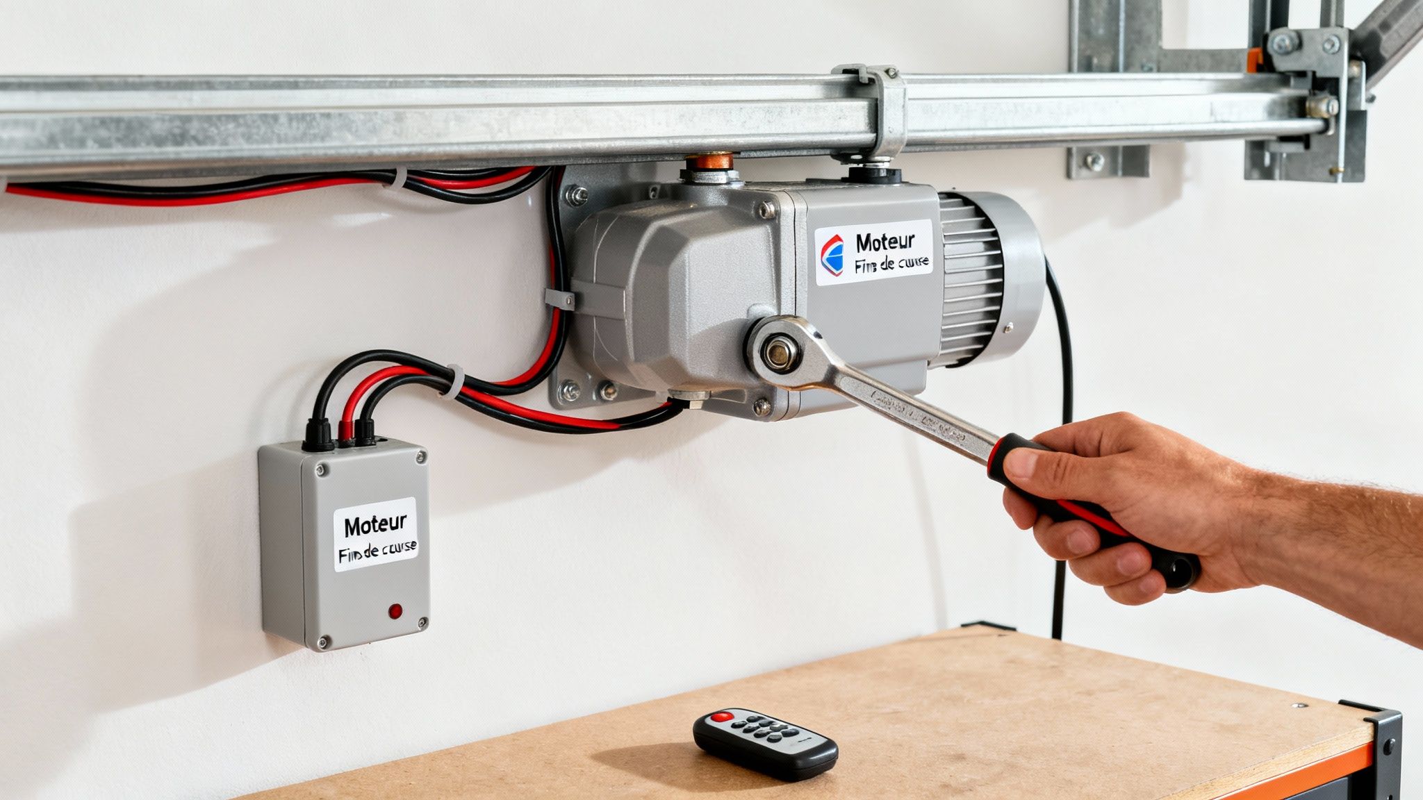 Main ajustant un moteur de porte de garage ou de portail avec une clé, boîtier de commande et télécommande.