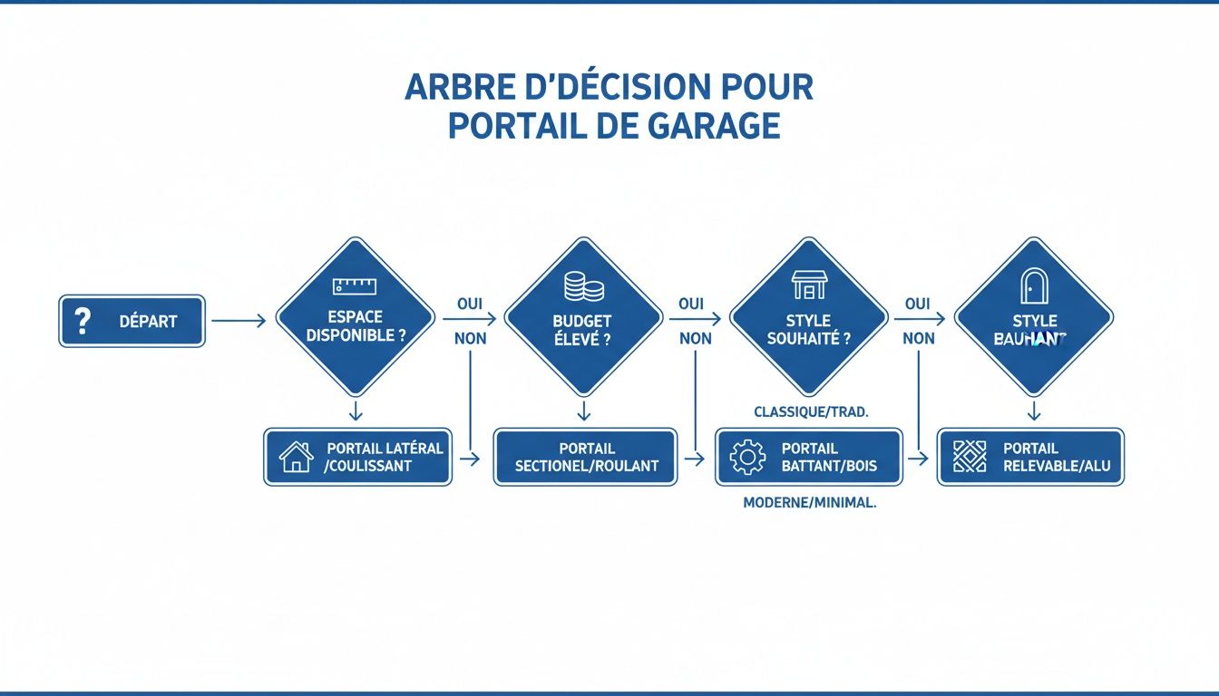 Arbre de décision interactif pour choisir un portail de garage, évaluant l'espace, le budget et le style.