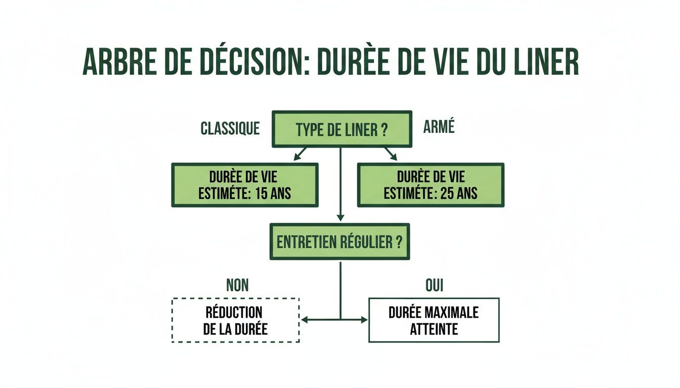 pool liner decision tree - Découvrez la piscine en liner: guide, prix et installation Diagramme d'arbre de décision expliquant la durée de vie estimée d'un liner de piscine selon son type et l'entretien régulier.