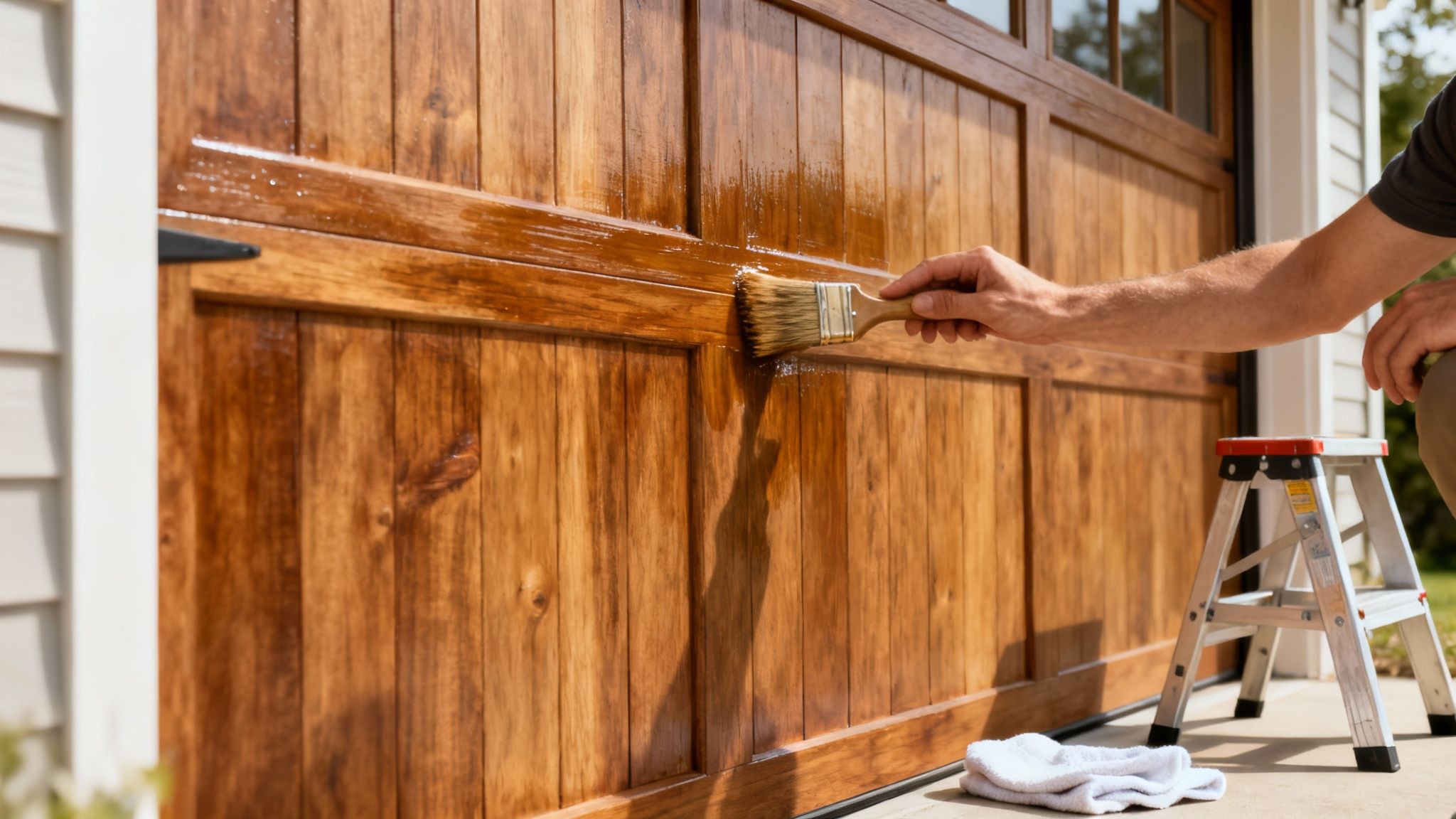 Un homme applique du vernis sur une porte de garage en bois à l'aide d'un pinceau, avec un tabouret à proximité.