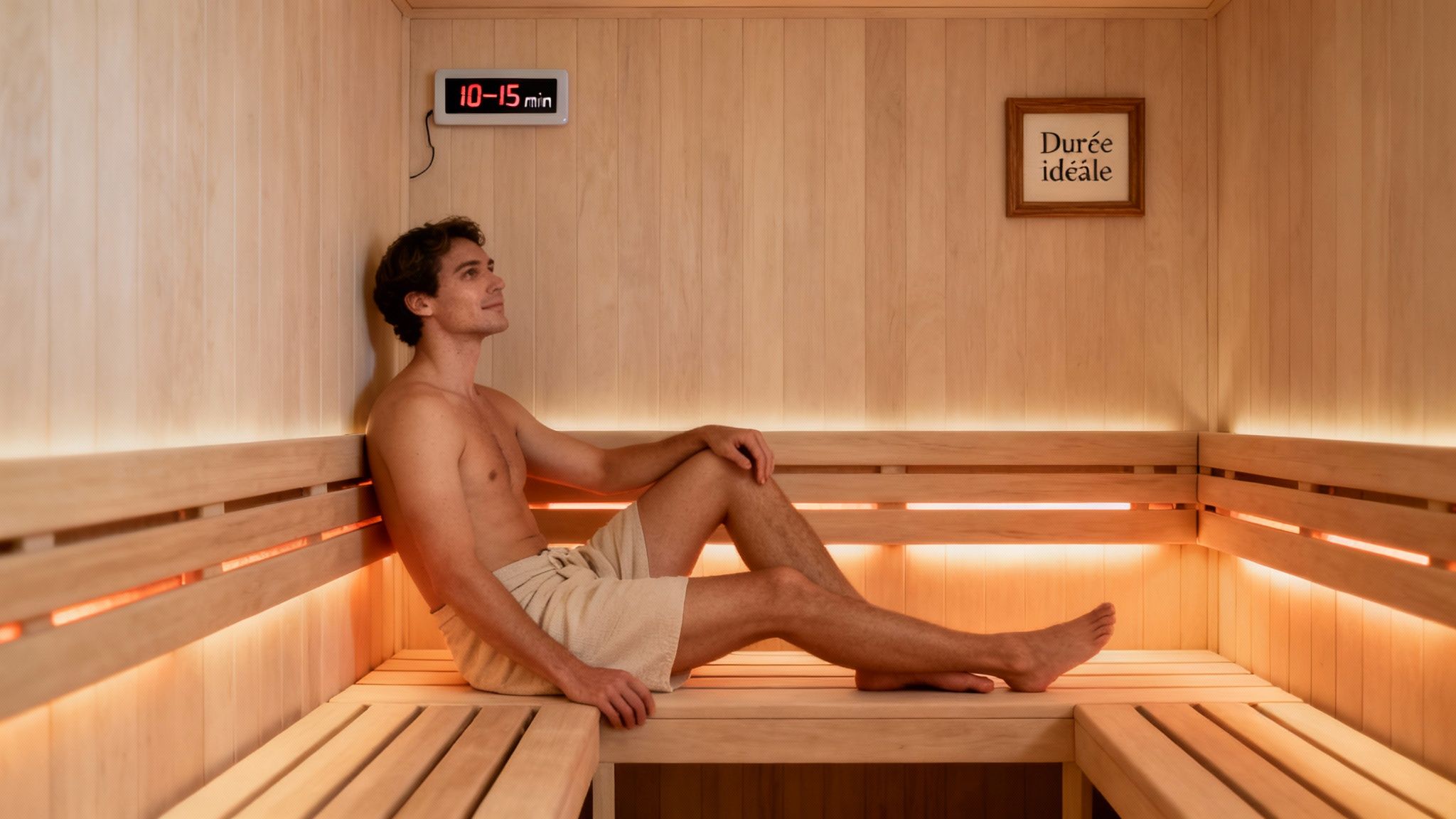 how long to stay in an infrared sauna sauna man - Combien de temps peut on rester dans un sauna infrarouge: conseils et sécurité Un homme torse nu se détend sur un banc en bois à l'intérieur d'un sauna infrarouge, avec un minuteur affichant 10-15 min.