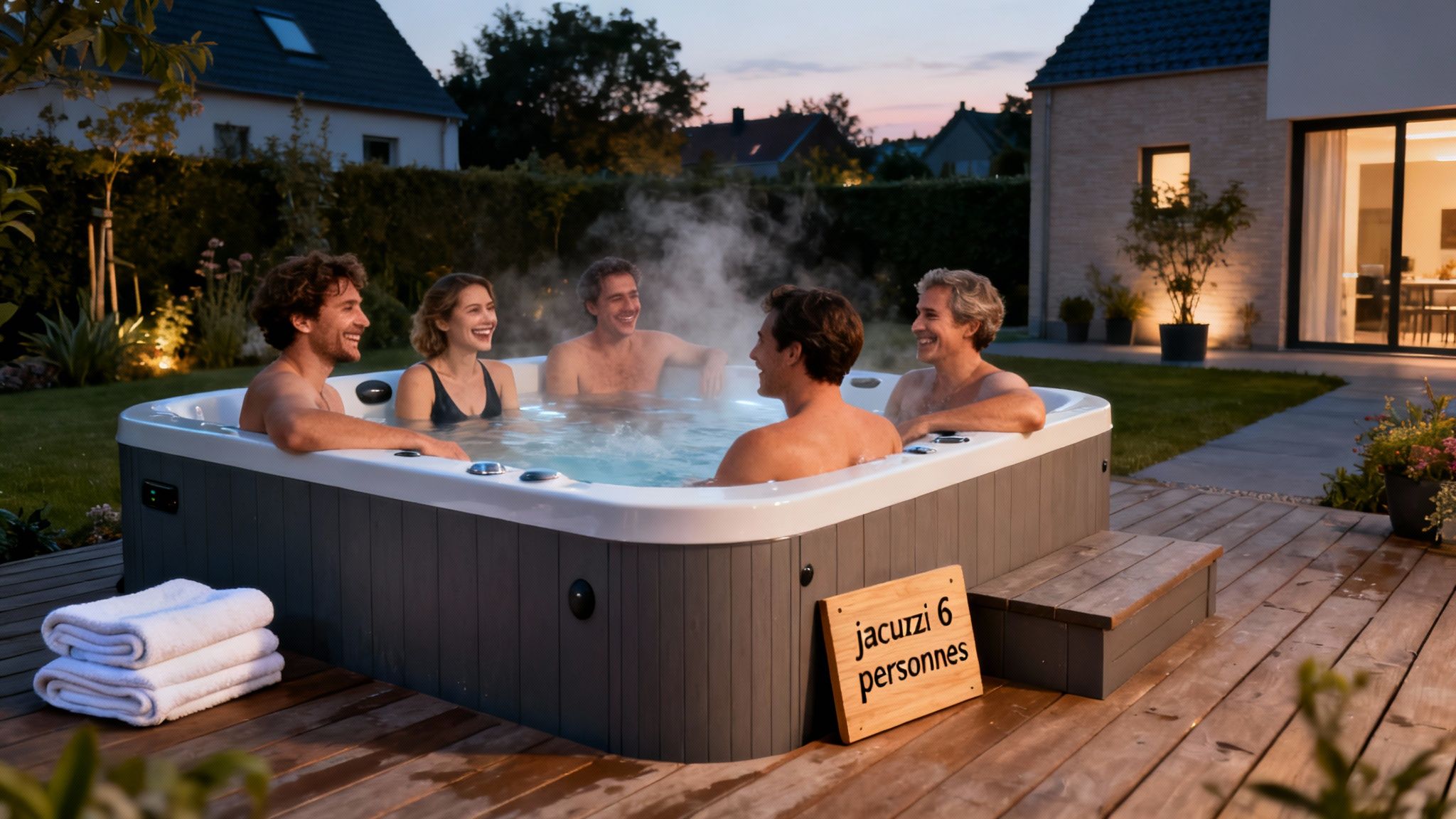 jacuzzi 6 people hot tub - Le guide ultime du jacuzzi 6 personnes pour la Belgique et le Luxembourg Six personnes joyeuses se détendent dans un jacuzzi extérieur fumant au crépuscule, sur une terrasse en bois.