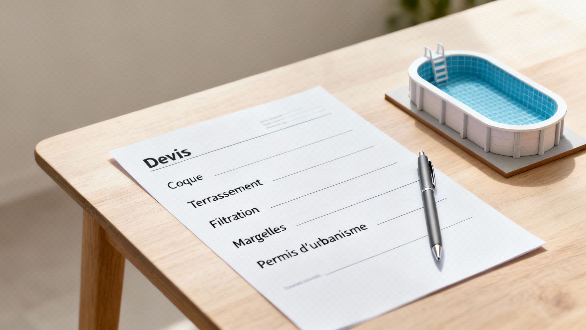 fiberglass pool price pool quote - Prix piscine coque: Guide complet et conseils en Belgique Devis pour installation de piscine sur table en bois, listant les coûts et un modèle de piscine.