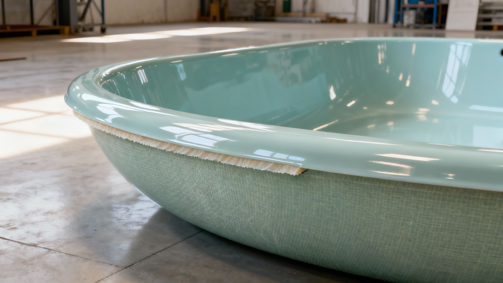 fiberglass pool fiberglass tub - Le guide complet de la piscine en coque pour votre jardin Gros plan sur une coque de baignoire ou de piscine en fibre de verre vert pâle, avec un bord brut, dans un environnement d'atelier lumineux.