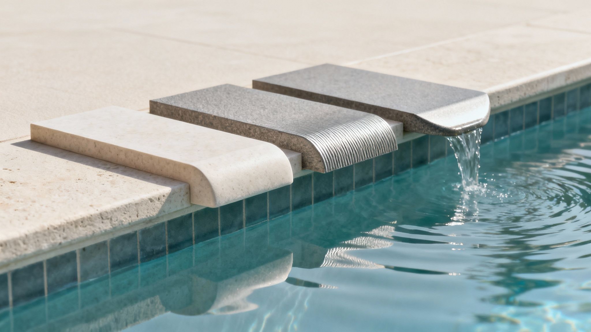 pool coping pool waterfall - Découvrez la margelle pour piscine idéale: guide complet et conseils Trois margelles de piscine, dont une cascade l'eau dans le bassin bleu clair.
