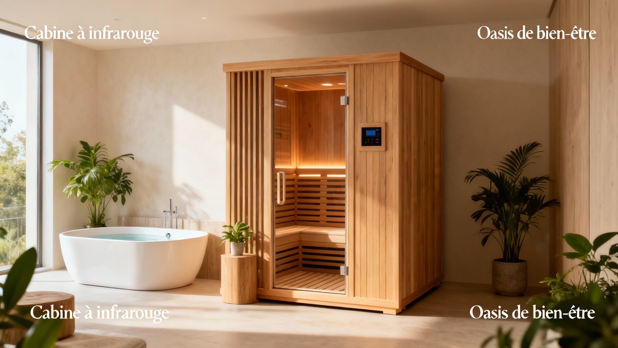 infrared cabin wellness spa - Le guide complet de la cabine à infrarouge pour votre bien-être Un espace de bien-être moderne avec une cabine à infrarouge, une baignoire élégante et des plantes vertes.