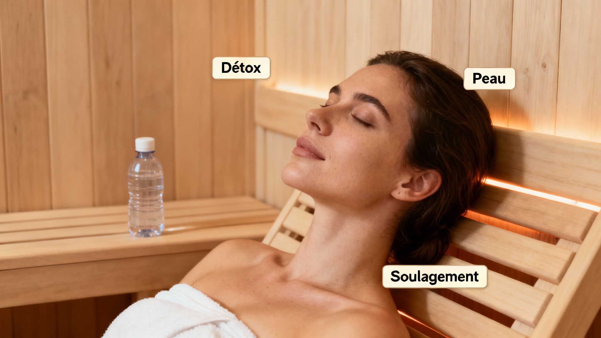 infrared sauna benefits sauna woman - Découvrez sauna infrarouge bienfaits et comment ils améliorent votre santé Une femme se détend paisiblement dans un sauna infrarouge, bénéficiant des effets pour la détox, la peau et le soulagement.