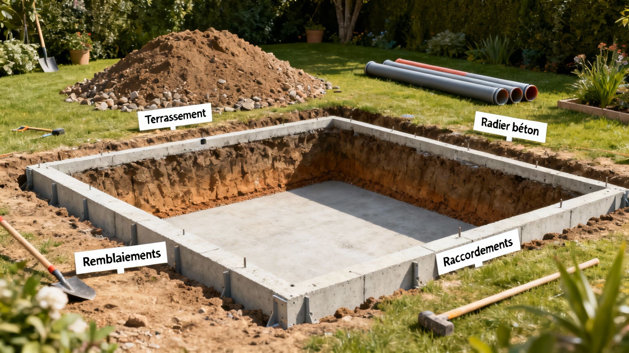 fiberglass pool prices pool construction - Tout savoir sur le prix des piscines coques et budgets réalistes Étapes initiales de la construction d'une piscine creusée, avec excavation, radier béton et murs en béton dans un jardin.