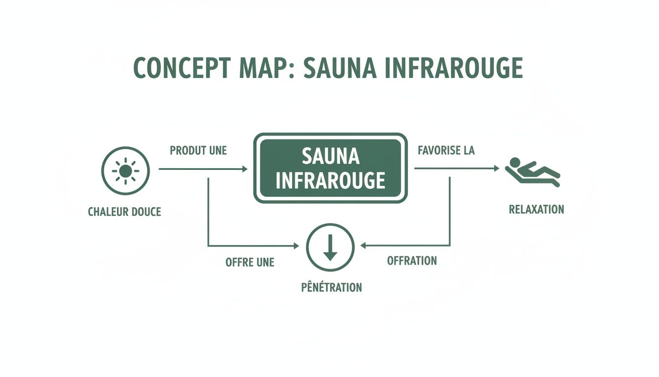 infrared sauna benefits concept map - Découvrez sauna infrarouge bienfaits et comment ils améliorent votre santé Carte conceptuelle du sauna infrarouge: il génère une chaleur douce qui permet une pénétration et favorise la relaxation.
