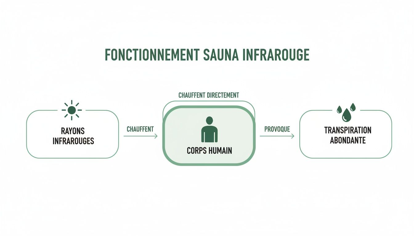 infrared sauna benefits sauna process - Sauna infrarouge bienfaits révélés pour une santé optimale Schéma explicatif du fonctionnement d'un sauna infrarouge : les rayons chauffent directement le corps humain, provoquant une transpiration abondante.