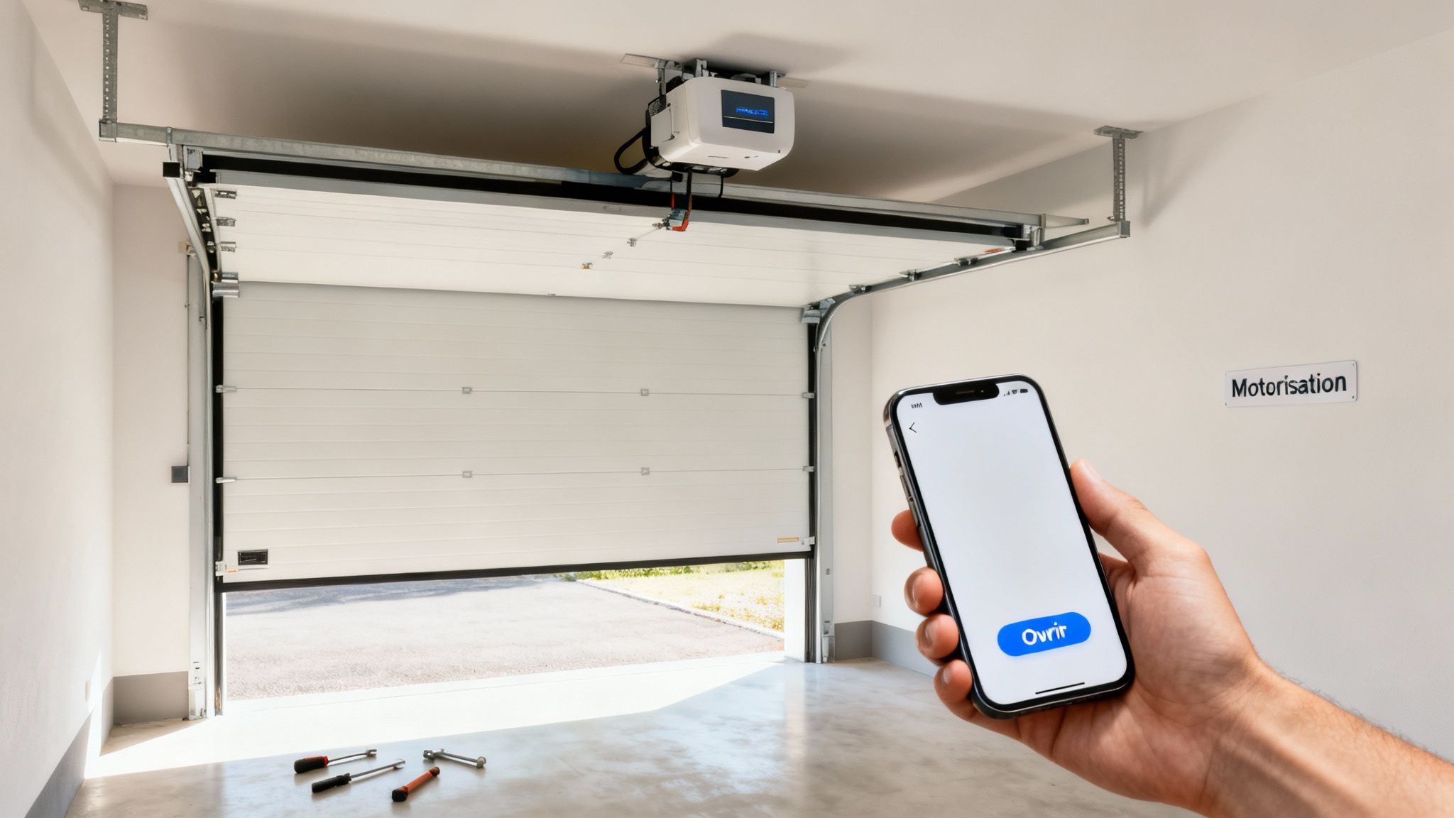 Main tenant un smartphone pour ouvrir une porte de garage automatisée avec un moteur visible.