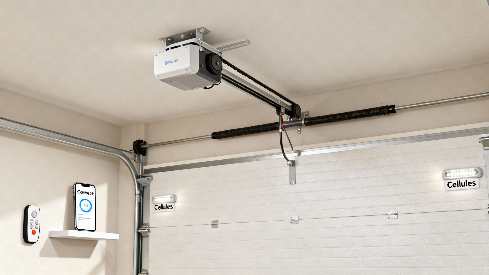 Intérieur de garage moderne avec porte sectionnelle, moteur automatique, télécommande et application smartphone connectée pour contrôle intelligent.