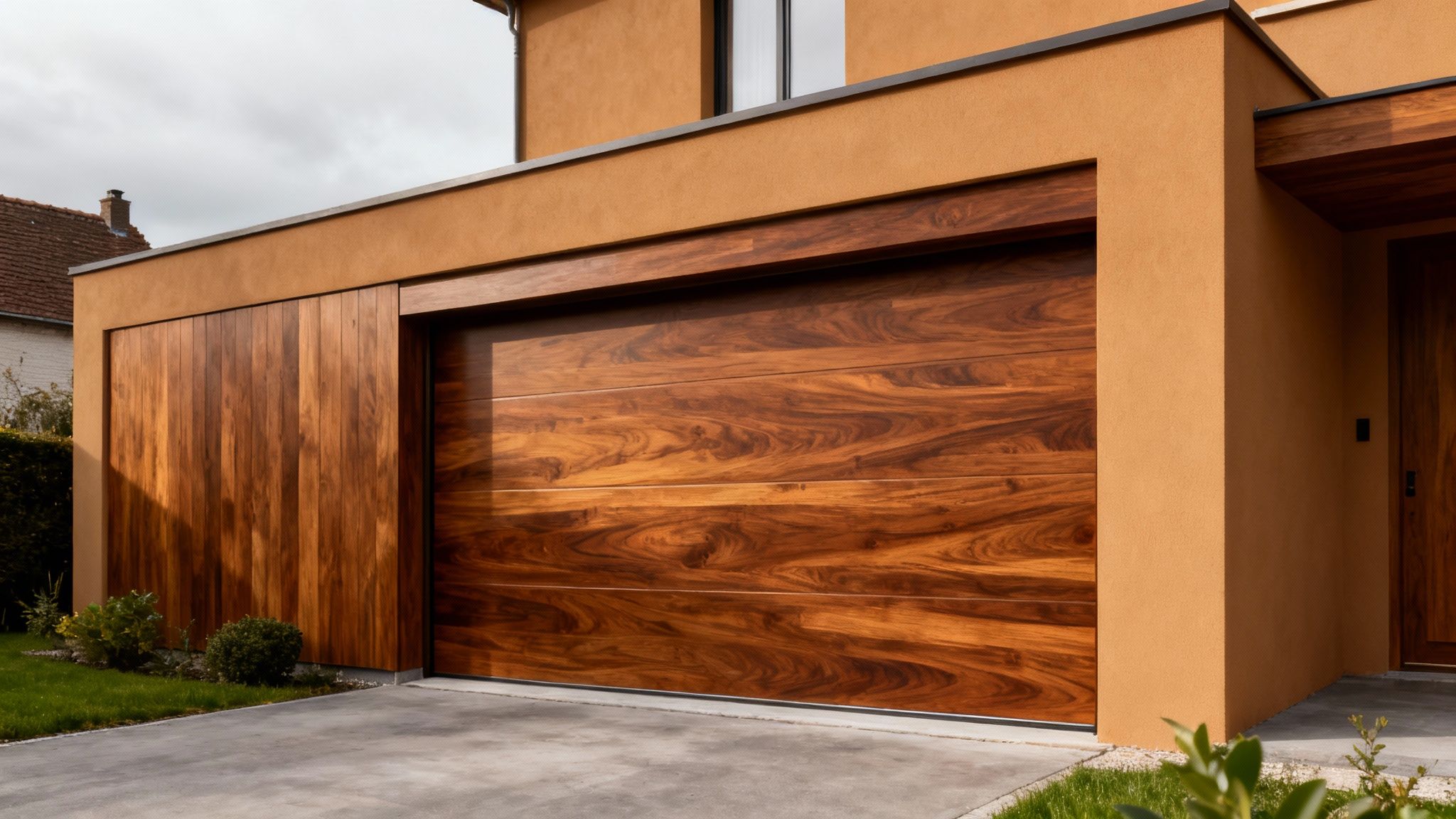 Façade moderne d'une maison avec une grande porte de garage en bois et un revêtement mural assorti.
