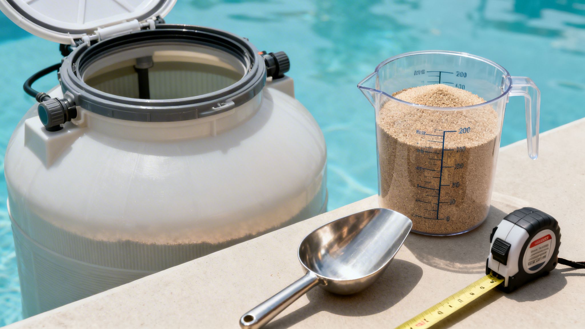 pool sand filter refill - Le guide du sable filtre piscine pour une eau parfaite Remplissage d'un filtre à sable de piscine avec du sable, une pelle et un mètre ruban.