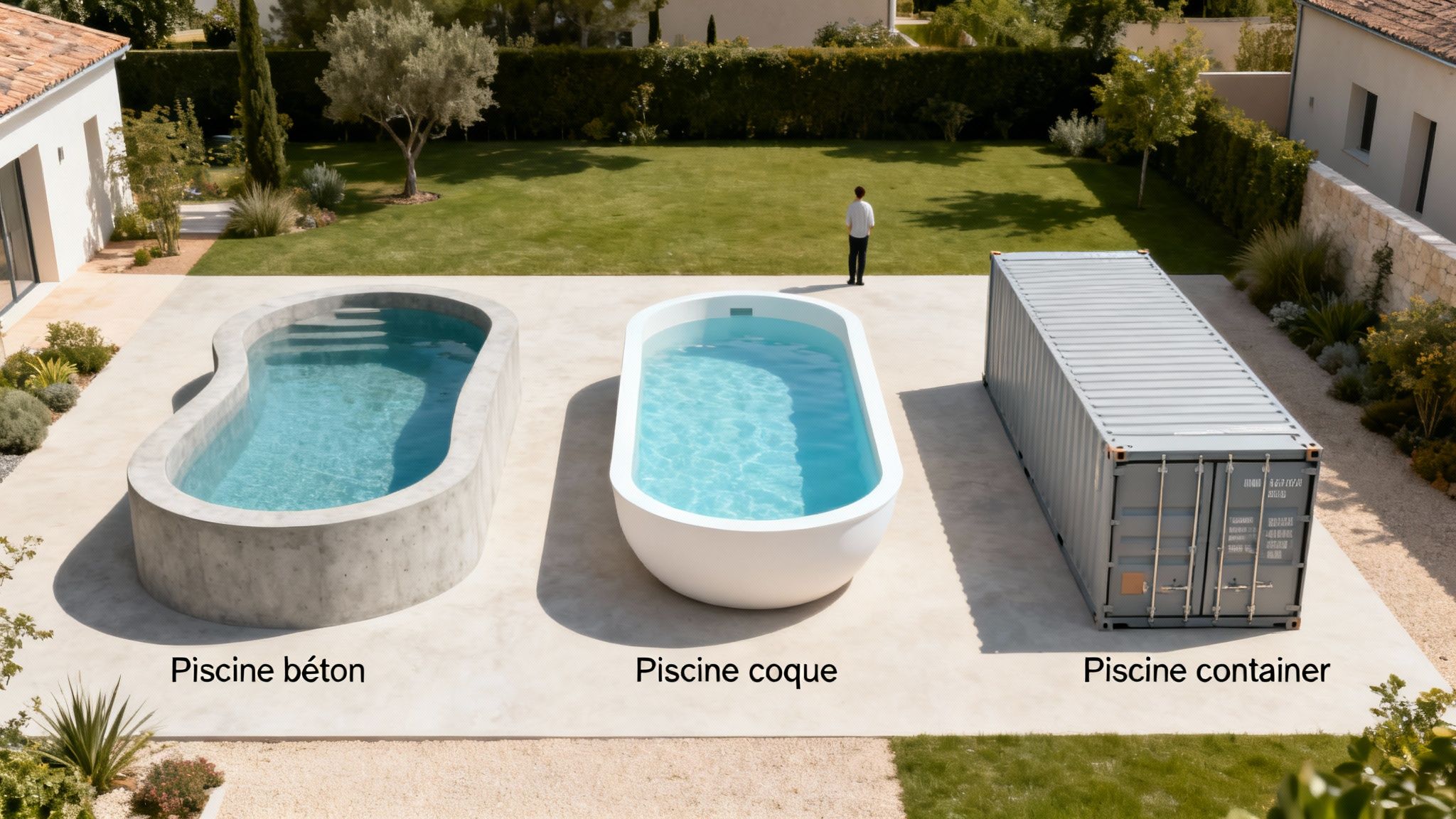 pool price pool types - Prix pour piscine: le coût réel en Belgique et au Luxembourg Trois types de piscines (béton, coque, container) présentés côte à côte dans un jardin, avec une personne.