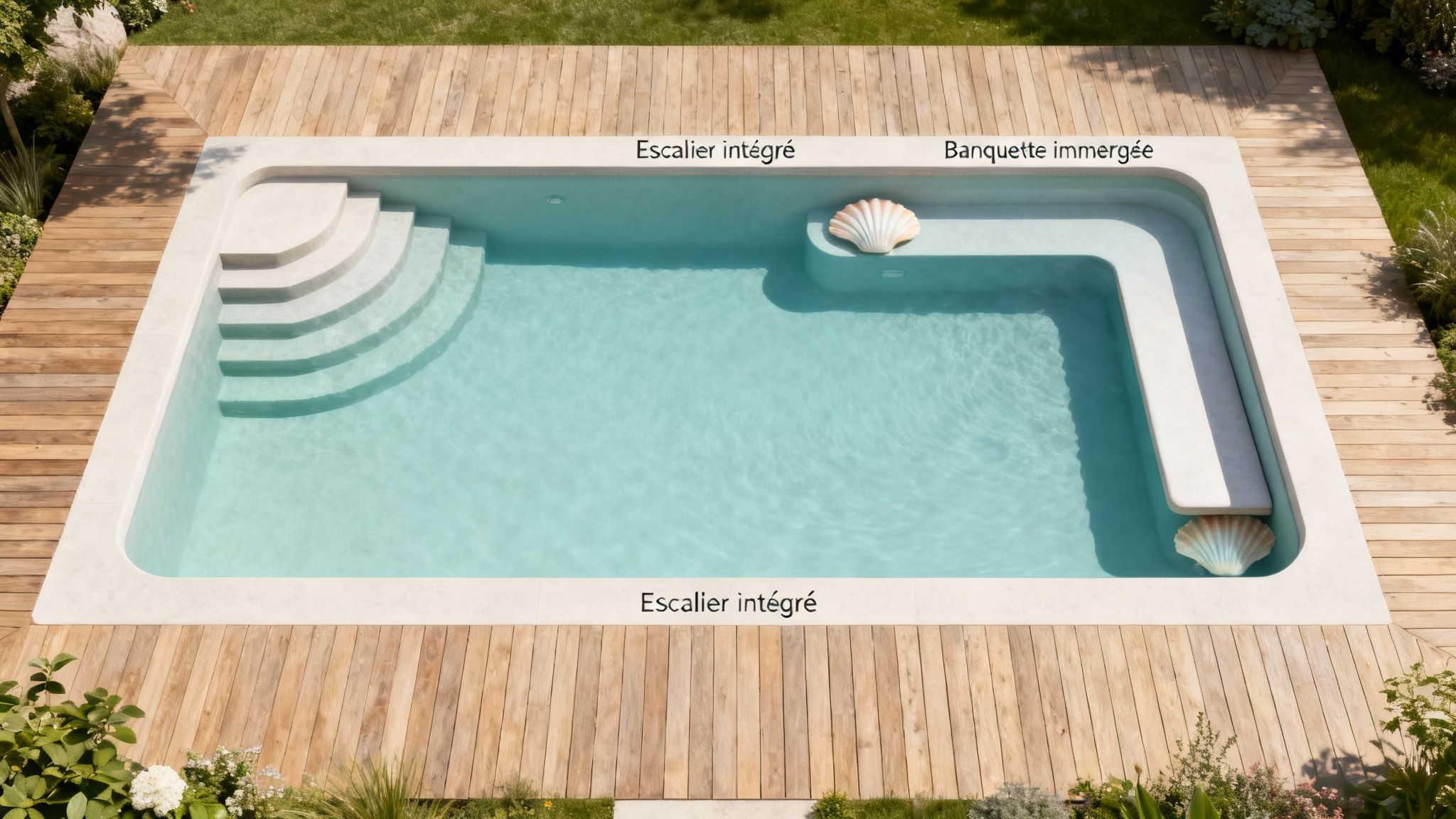 pool shell swimming pool - Le guide ultime de la coque pour piscine et du bien-être extérieur Piscine moderne avec escalier intégré et banquette immergée, entourée d'une terrasse en bois.