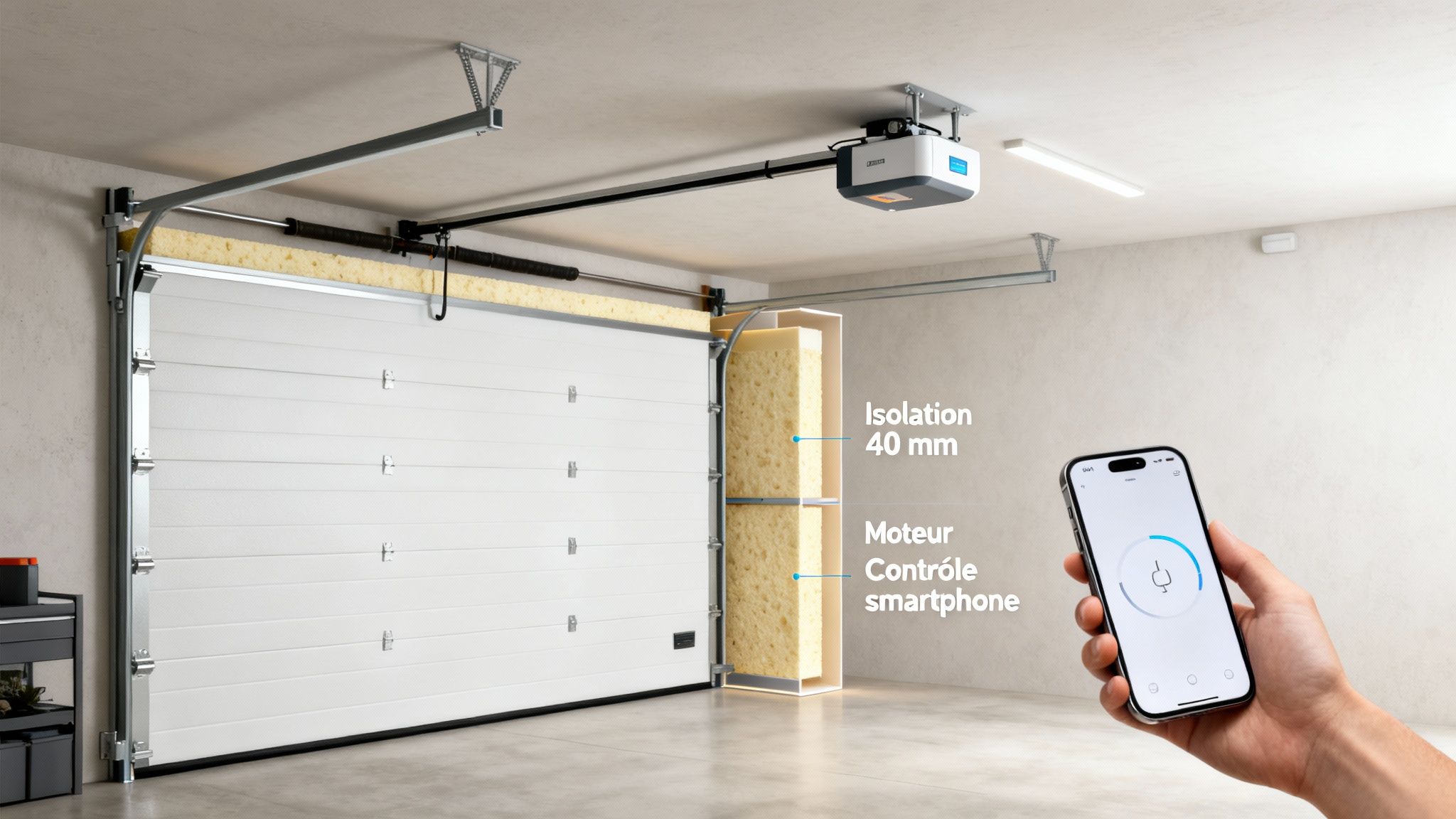 Intérieur de garage avec porte sectionnelle isolée (40mm), moteur automatique et contrôle par smartphone.