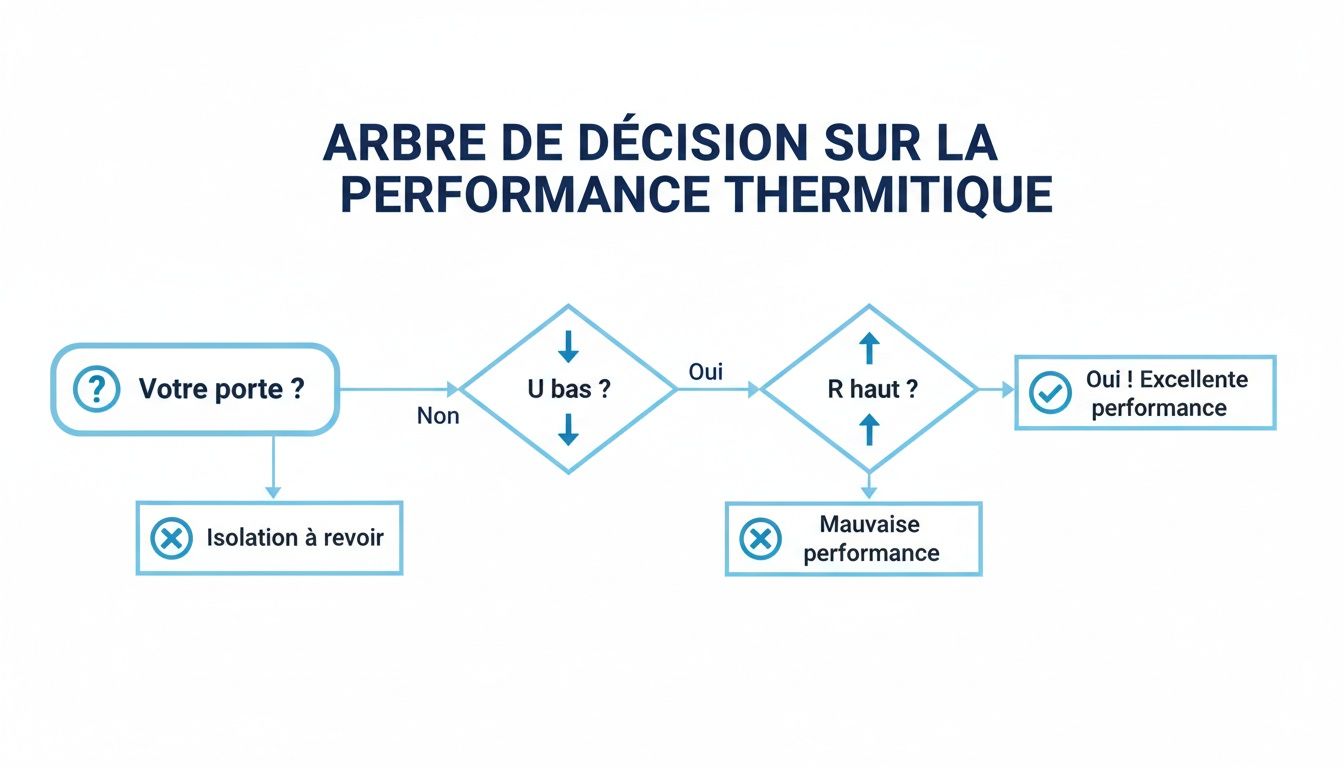 Diagramme de décision sur la performance thermique d'une porte, évaluant si le coefficient U est bas et le R est haut pour une isolation optimale.