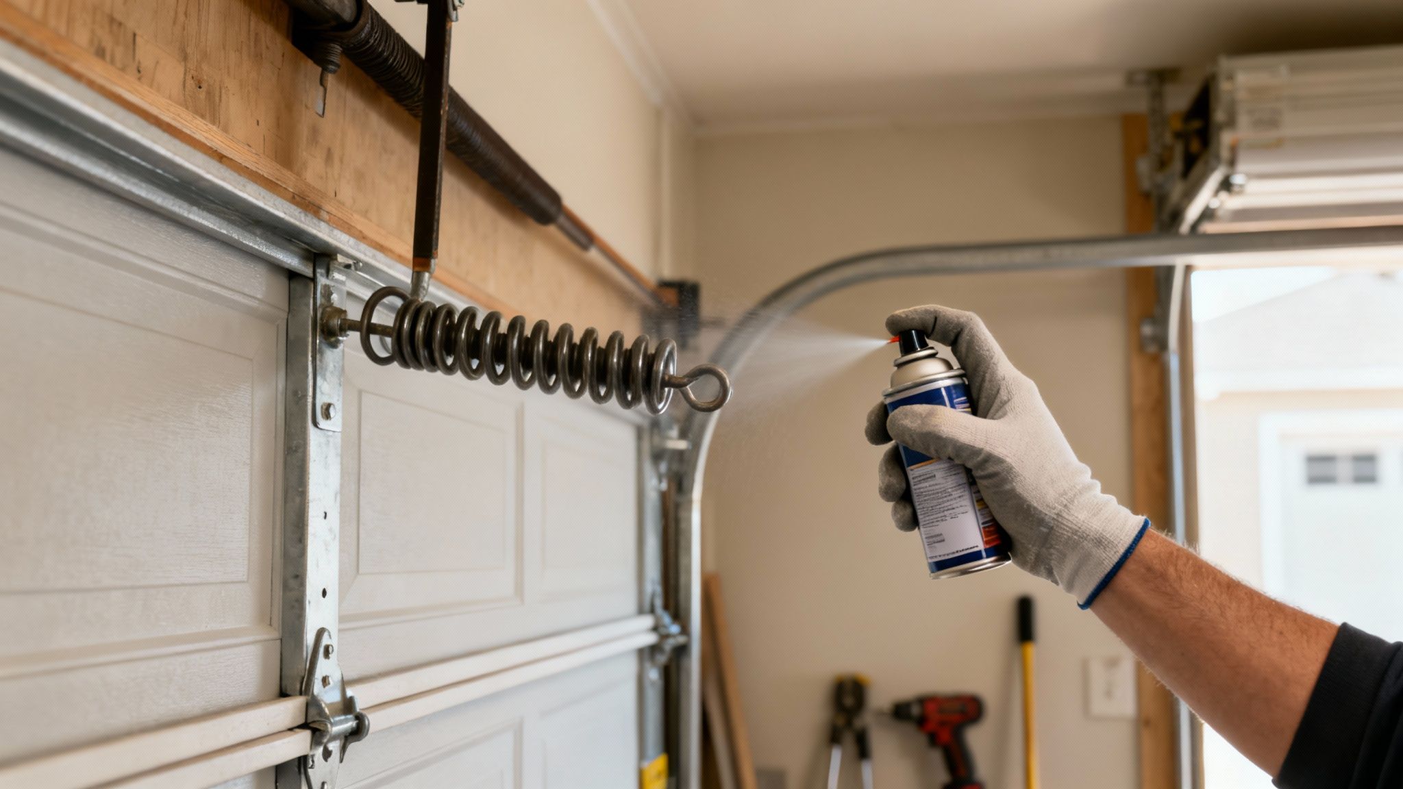 Une main gantée pulvérise du lubrifiant sur le ressort en métal d'une porte de garage pour l'entretien.