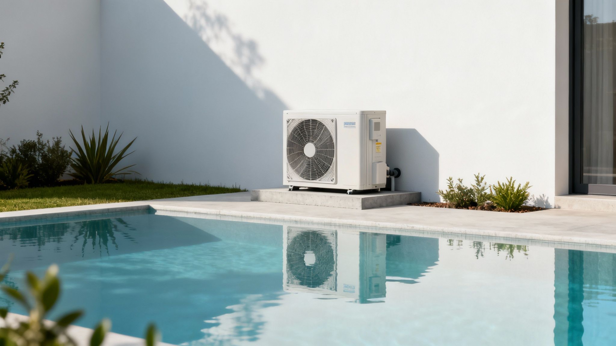 pool heat pump outdoor - Le guide de la pompe à chaleur pour piscine, spa et bain nordique en Belgique et Luxembourg Pompe à chaleur moderne à côté d'une piscine extérieure, contre un mur blanc avec reflets aquatiques et verdure.