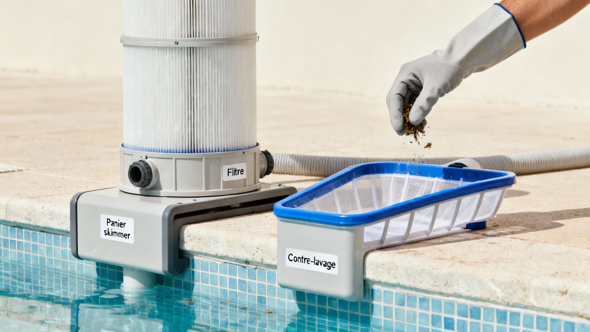 murky pool water pool cleaning - Eau trouble piscine: le guide pour retrouver une eau cristalline Personne nettoyant un filtre de piscine et un panier skimmer, retirant des débris pour l'entretien.