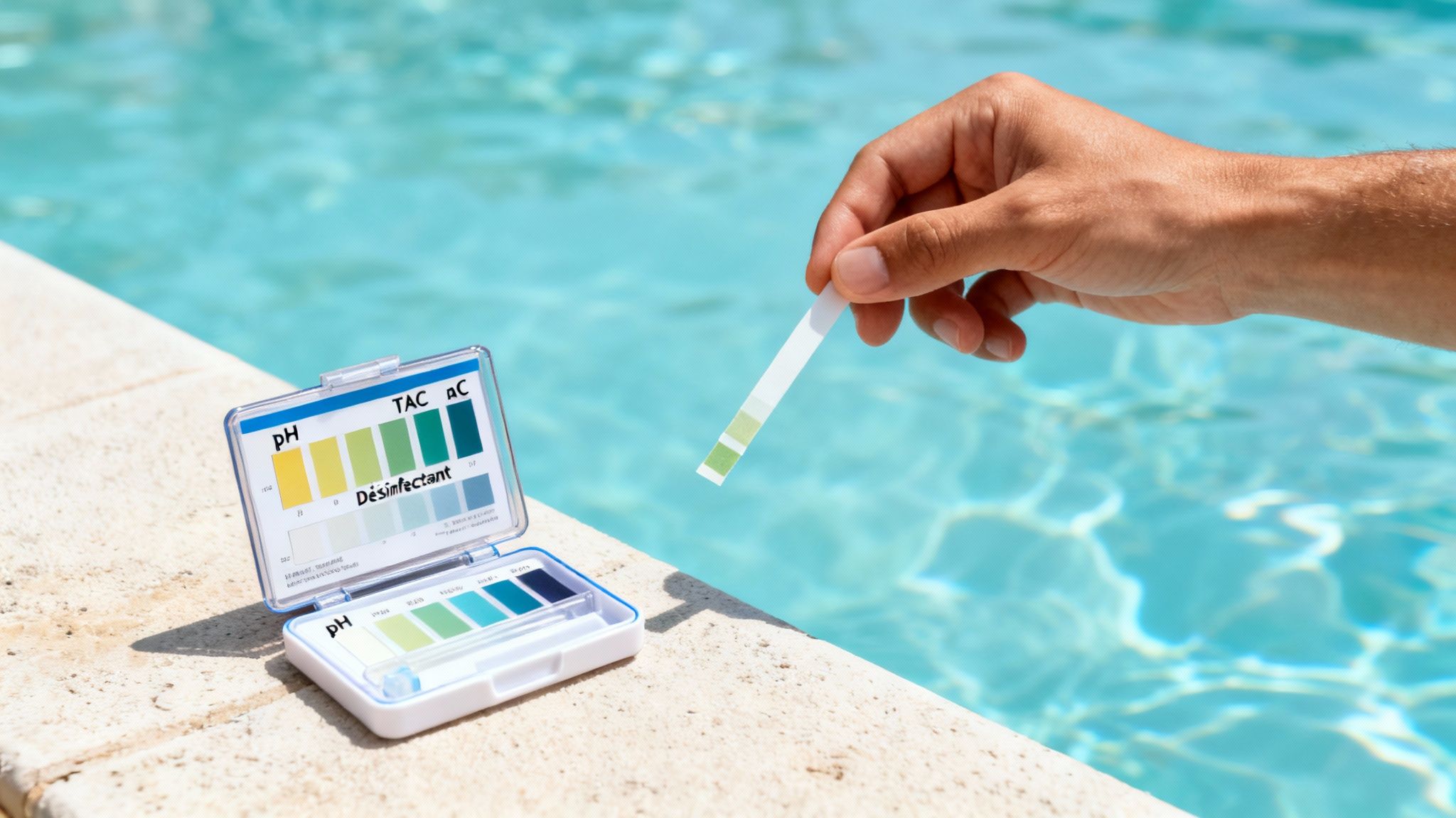 cloudy pool water pool test - Eau trouble piscine: le guide pour retrouver une eau cristalline Main tenant une bandelette de test de qualité de l'eau de piscine près d'un kit ouvert sur le bord.