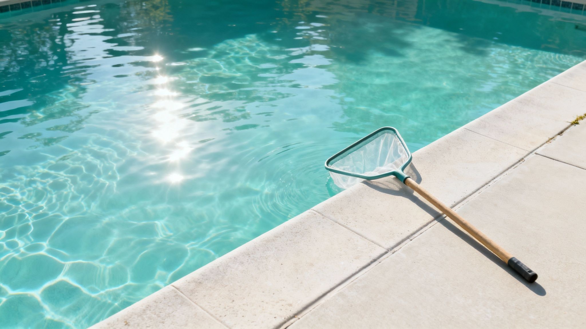 pool product pool net - Guide complet sur les produits pour piscine, spa, bain nordique et sauna infrarouge Une épuisette de nettoyage de piscine posée sur le bord d'une piscine à l'eau bleue scintillante.