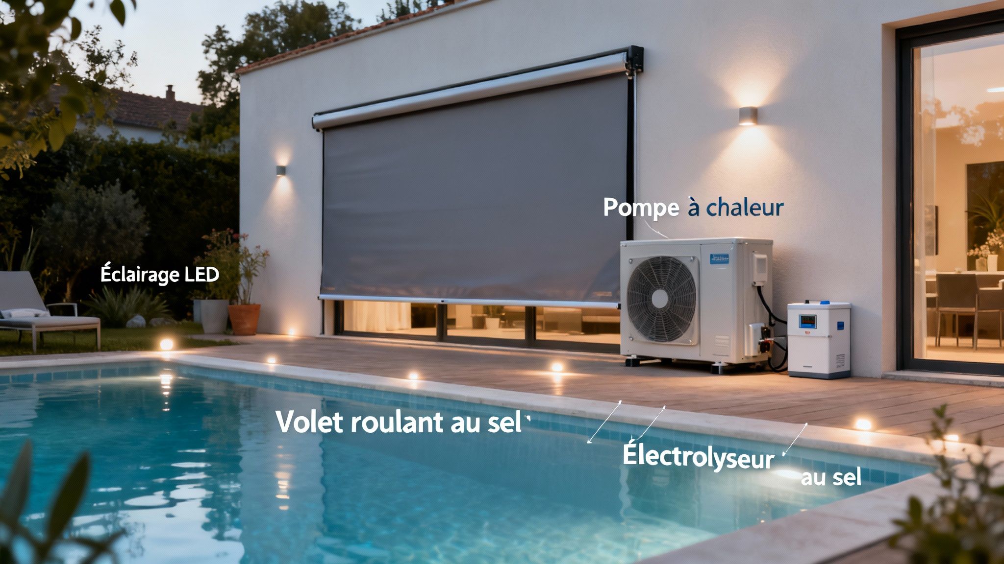 fiberglass pool price pool - Prix piscine en coque et maîtrisez votre budget: coûts et conseils Une piscine de nuit avec éclairage LED, volet roulant au sel, pompe à chaleur et électrolyseur.