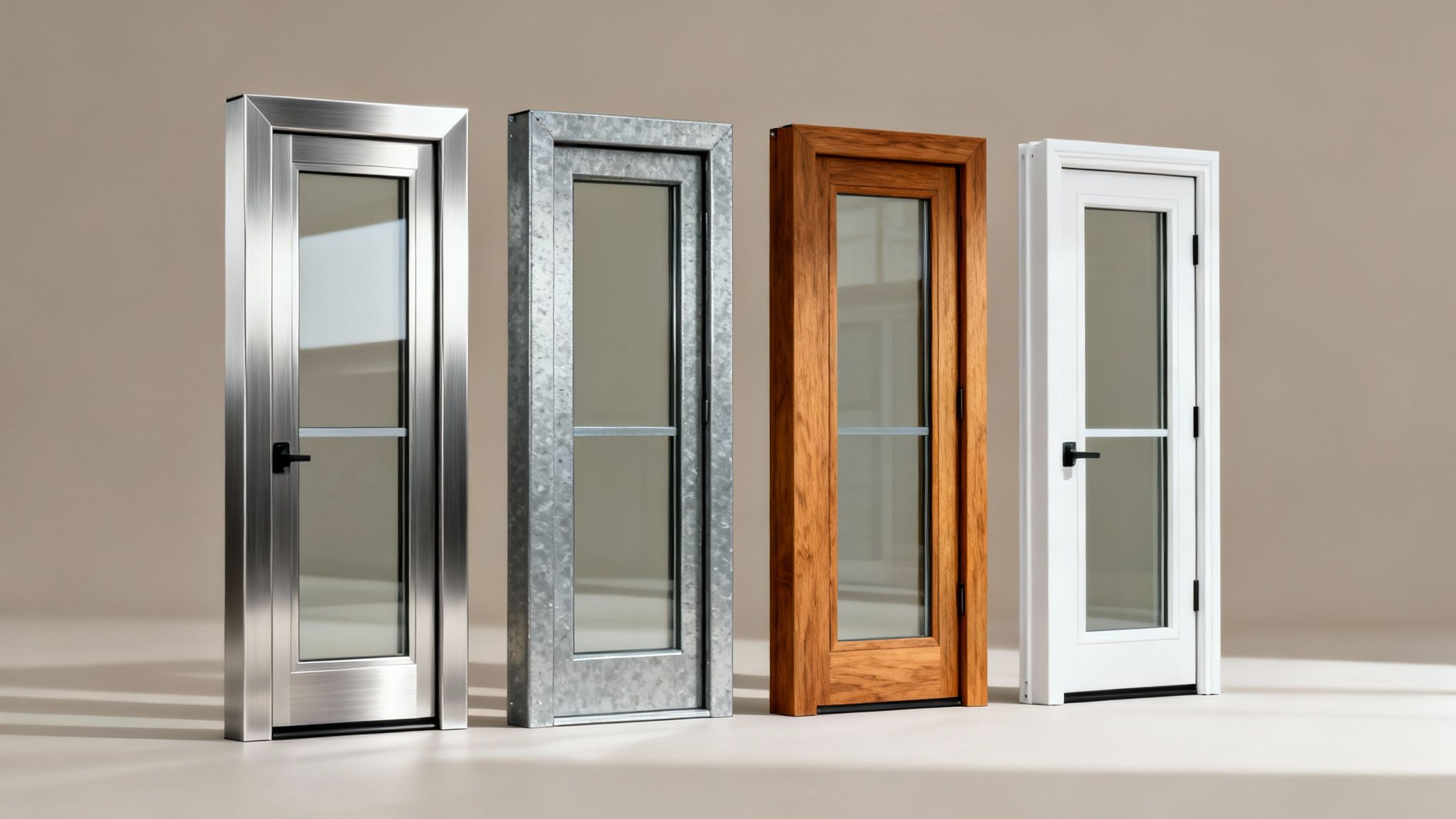 Quatre portes d'entrée vitrées avec moustiquaire, de styles et matériaux variés : métal brossé, galvanisé, bois et blanc.