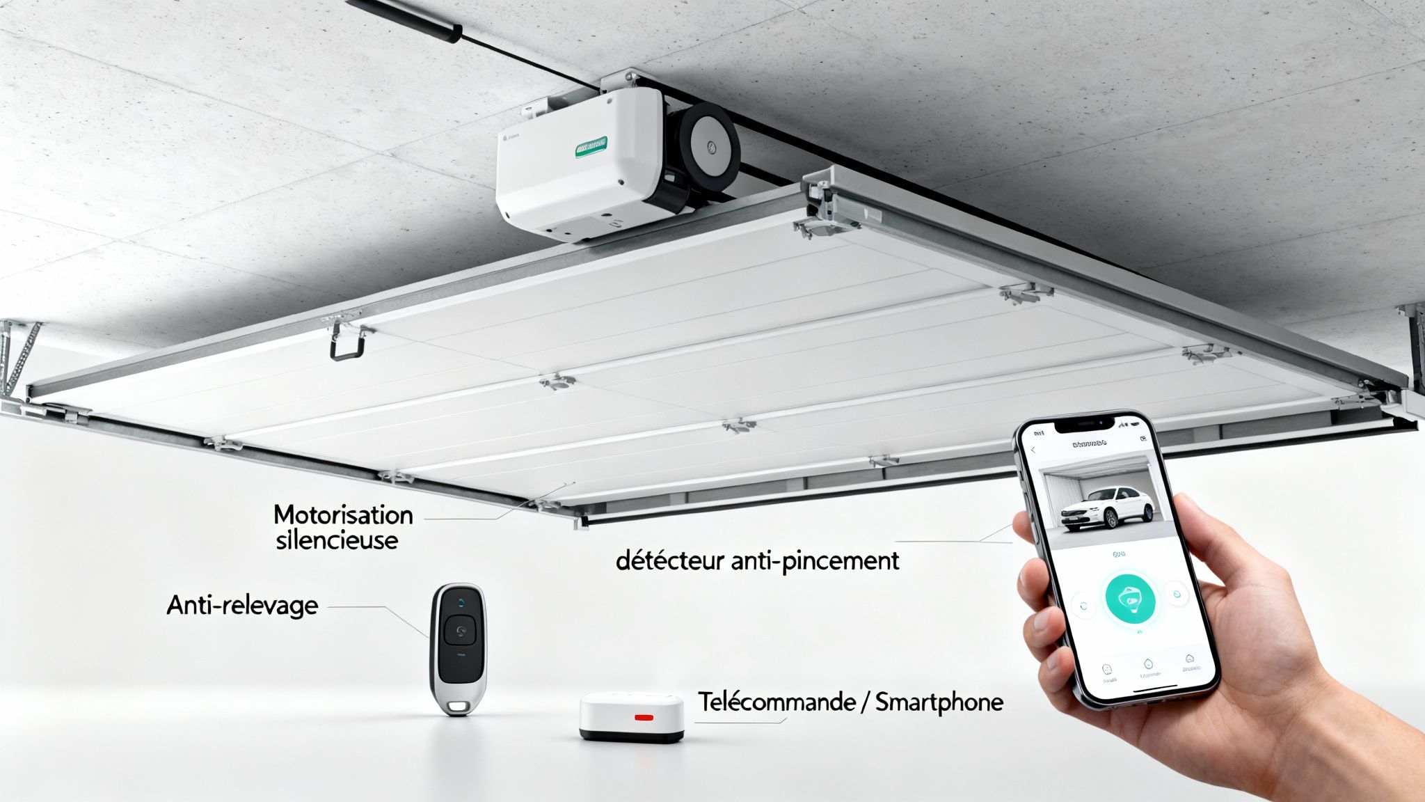 Motorisation de porte de garage sectionnelle avec fonctions silencieuse, anti-relevage et détection anti-pincement.