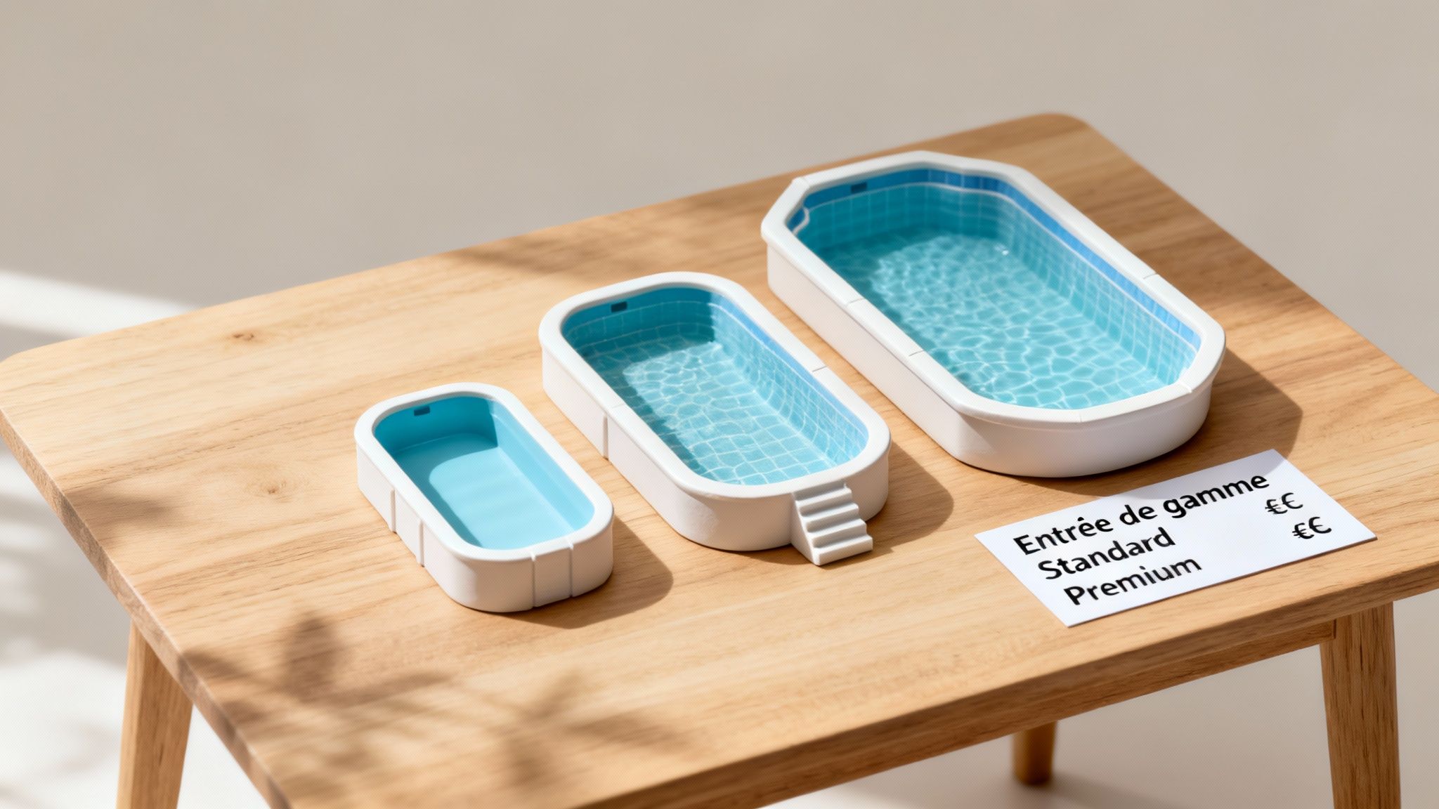 fiberglass pool prices pool tiers - Tout savoir sur le prix des piscines coques et budgets réalistes Trois modèles de piscines coques de différentes tailles avec leurs prix sur une table en bois.