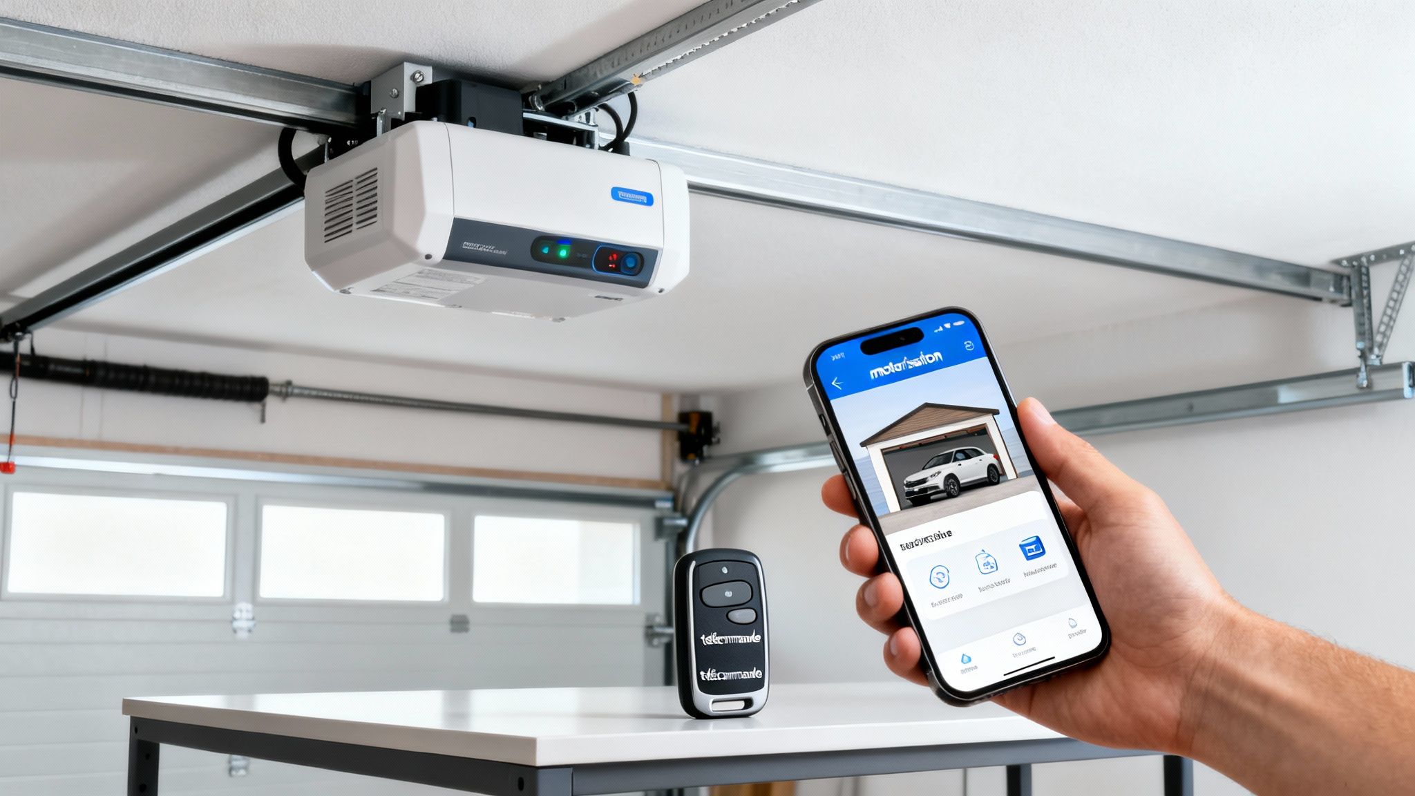 Système intelligent d'ouverture de porte de garage, contrôlé par smartphone et télécommande, dans un garage moderne.
