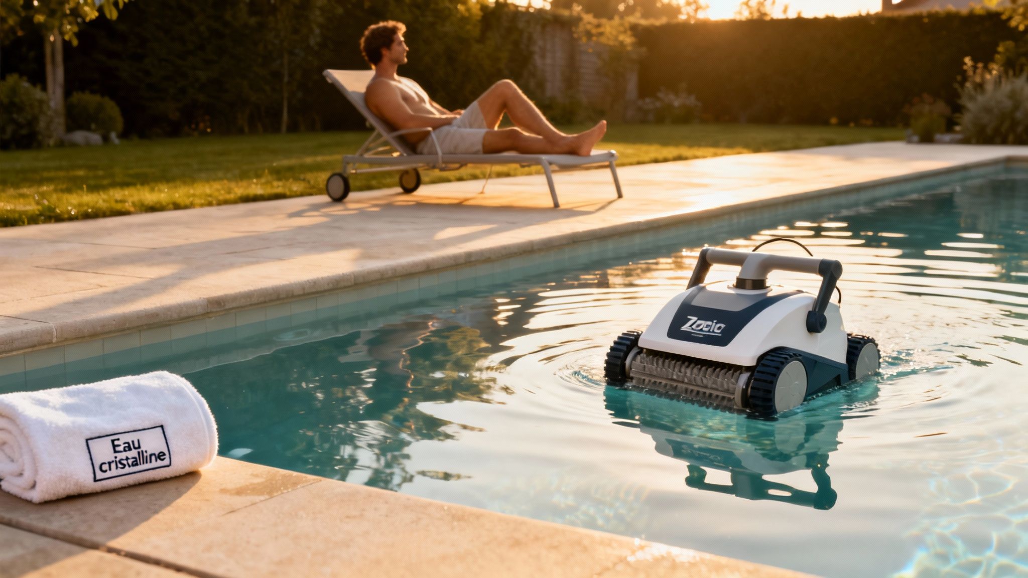 zodiac pool robot poolside - Le guide ultime du robot pour piscine Zodiac en Belgique Un homme se détend au bord d'une piscine avec un robot nettoyeur Zodiac en action et une serviette 'Eau cristalline'.