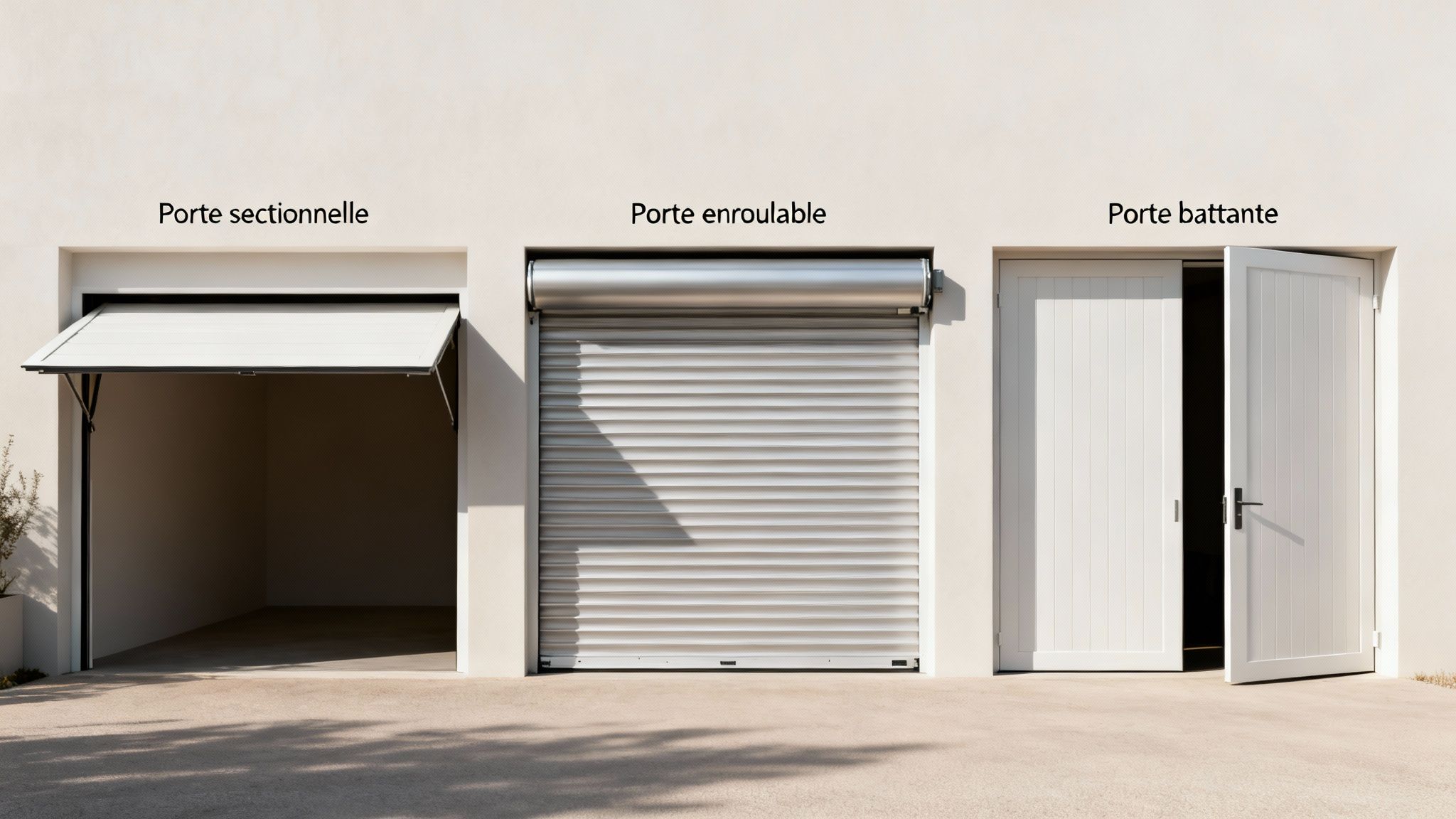 Trois portes de garage différentes : sectionnelle, enroulable et battante, sur une façade de maison blanche.