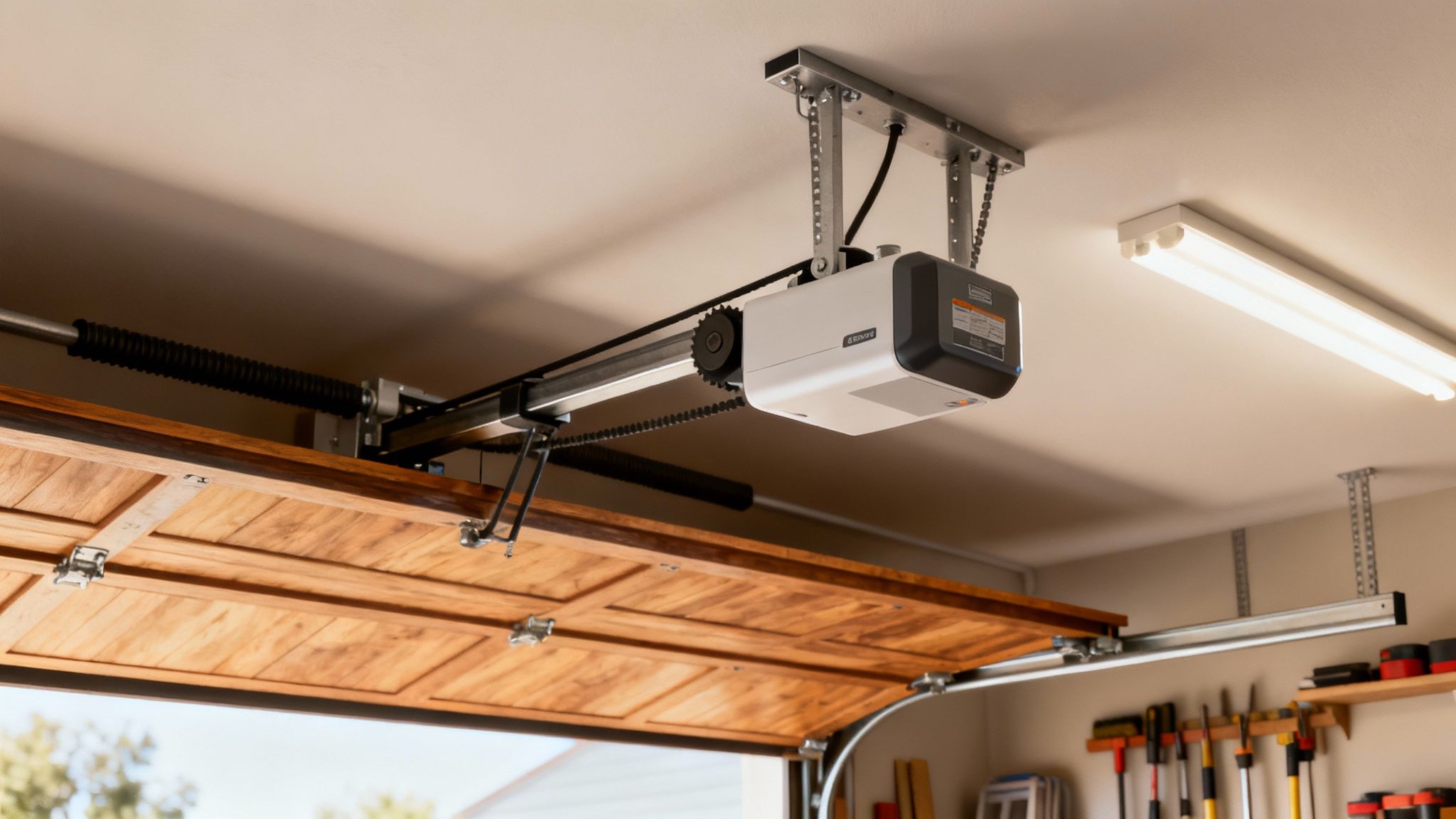 Intérieur d'un garage avec une porte de garage en bois, un ouvre-porte moderne et un éclairage lumineux.