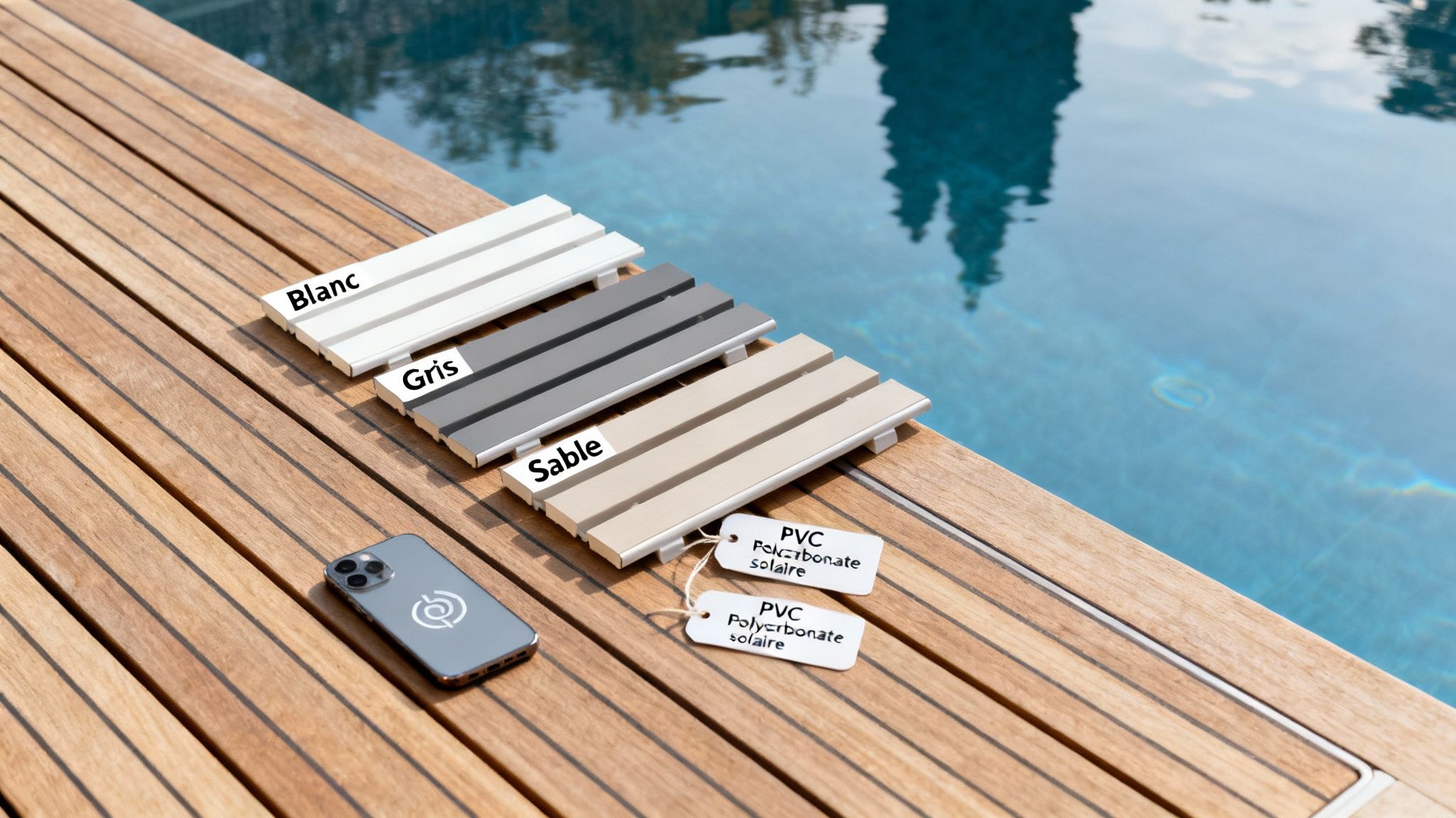 swimming pool cover color samples - Le guide complet pour choisir la meilleure protection pour votre espace bien-être Échantillons de lames de volet roulant de piscine en PVC polycarbonate solaire, blanc, gris, sable, sur une terrasse en bois près d'une piscine.