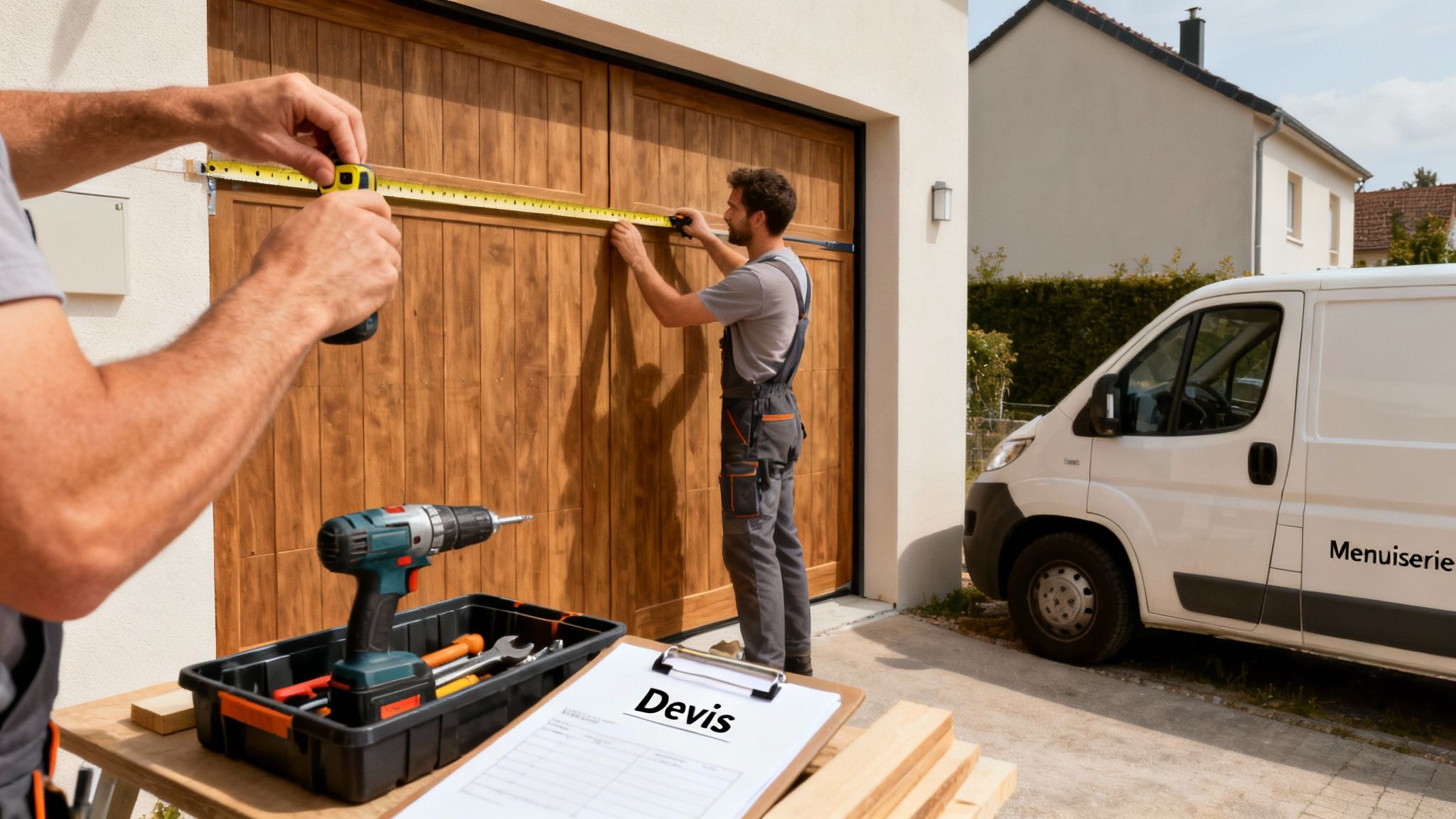 Deux hommes mesurent une porte de garage en bois pour une installation. Des outils sont sur la table, et une camionnette de menuiserie est garée.