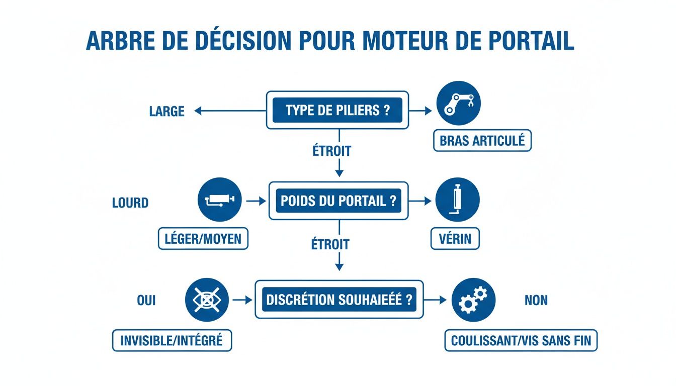 Diagramme de décision pour choisir le moteur de portail idéal selon le type de piliers, le poids et la discrétion.