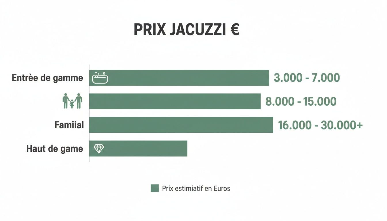 outdoor jacuzzi prices price chart - Prix jacuzzi extérieur: Guide des tarifs en Belgique et Luxembourg Graphique à barres des prix estimatifs des jacuzzis en euros par gamme : entrée, familial et haut de gamme.