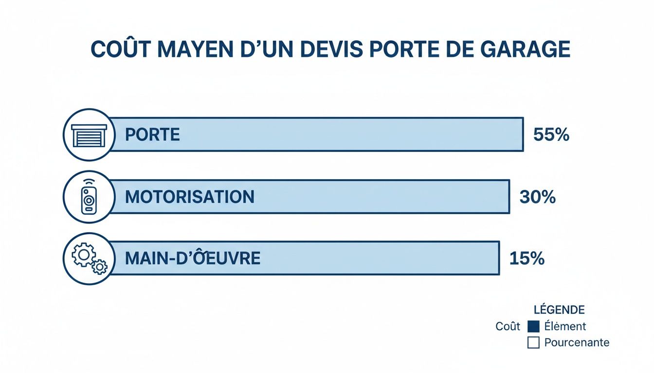 Graphique illustrant la répartition moyenne des coûts d'un devis de porte de garage, incluant la porte, la motorisation et la main-d'œuvre.