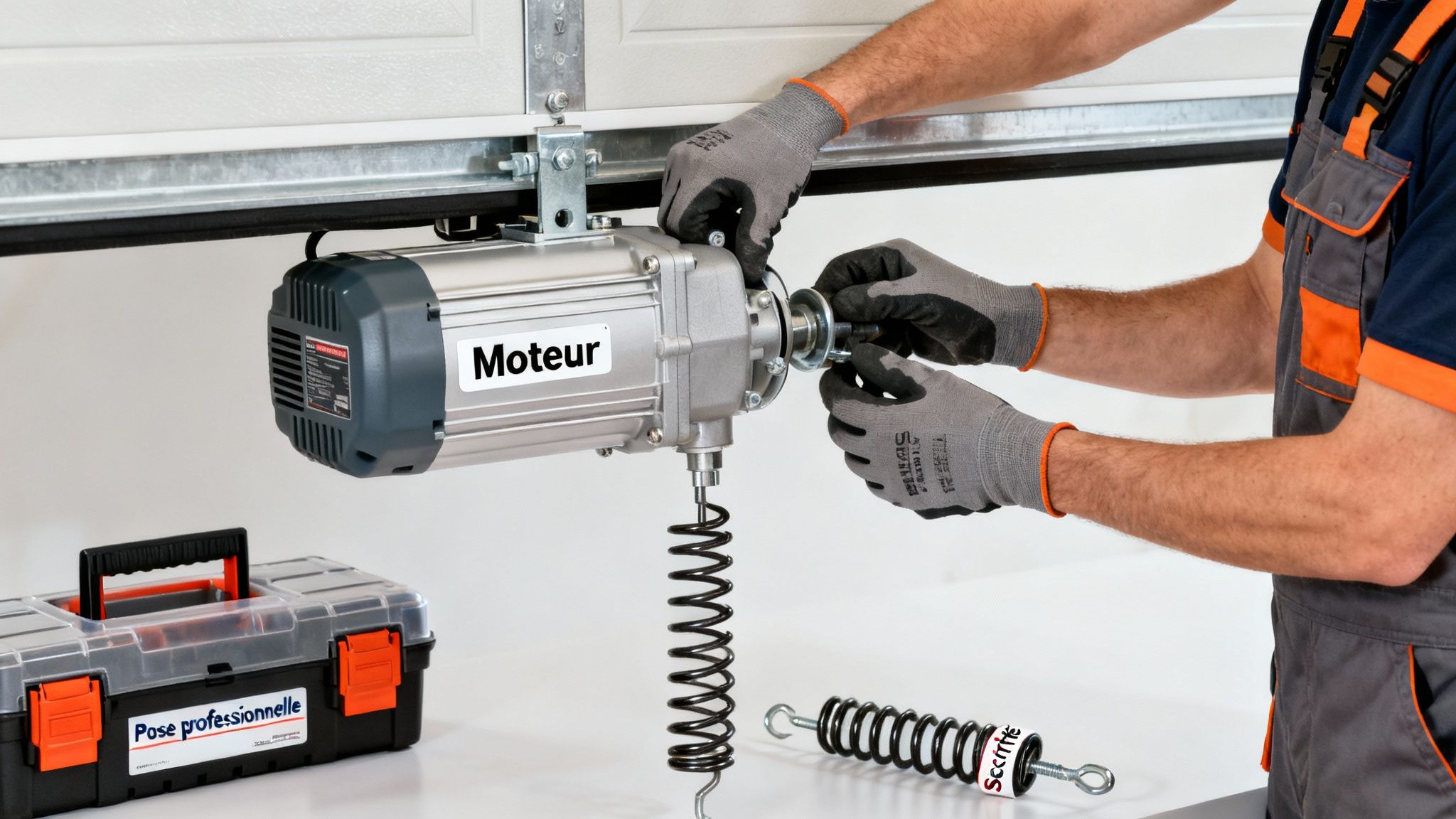 Installation d'un moteur de porte de garage sectionnelle par un professionnel en tenue de travail. Des ressorts et une boîte à outils sont visibles.