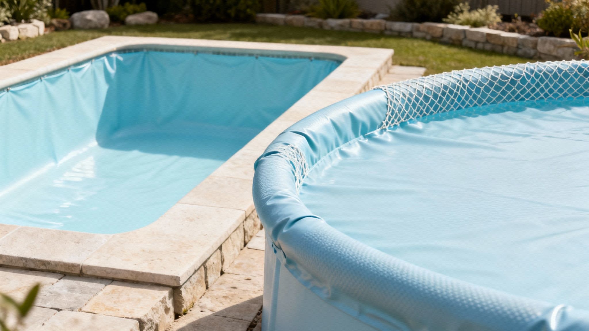 liner pool pool liners - Découvrez la piscine en liner: guide, prix et installation Deux piscines de jardin, une rectangulaire et une ronde, avec des liners bleus neufs prêtes à être remplies.