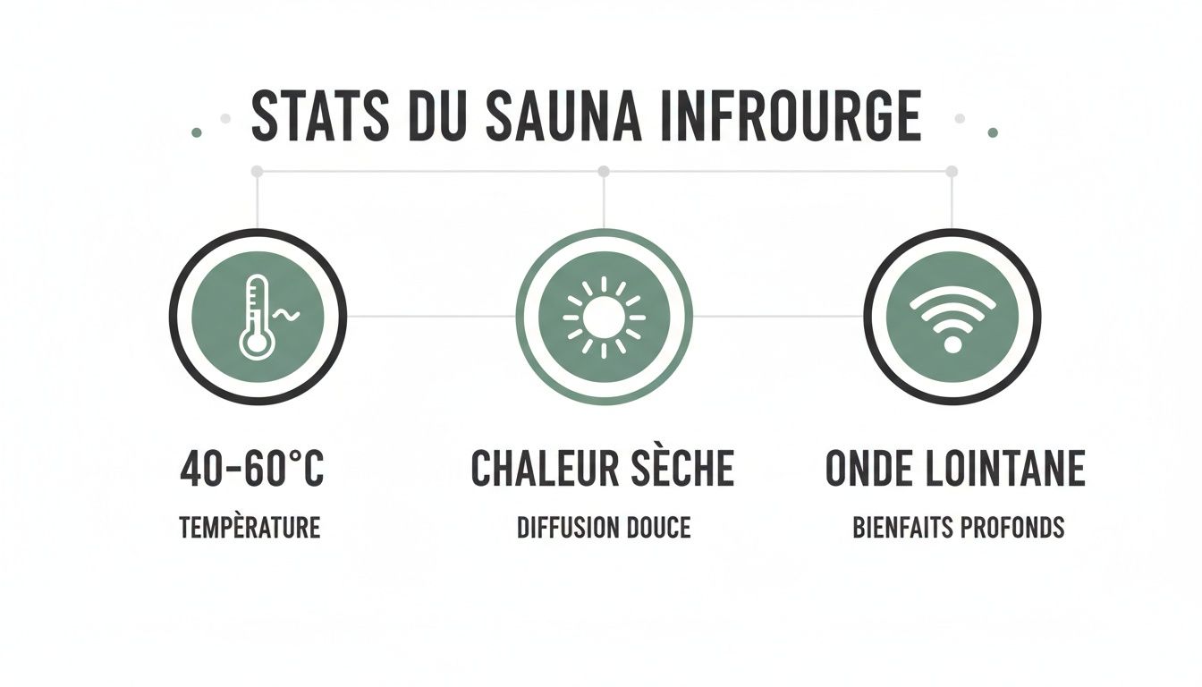 benefits of infrared sauna sauna stats - Le guide des bienfaits du sauna infrarouge pour votre santé Infographie présentant les caractéristiques d'un sauna infrarouge : température, chaleur sèche et ondes lointaines.